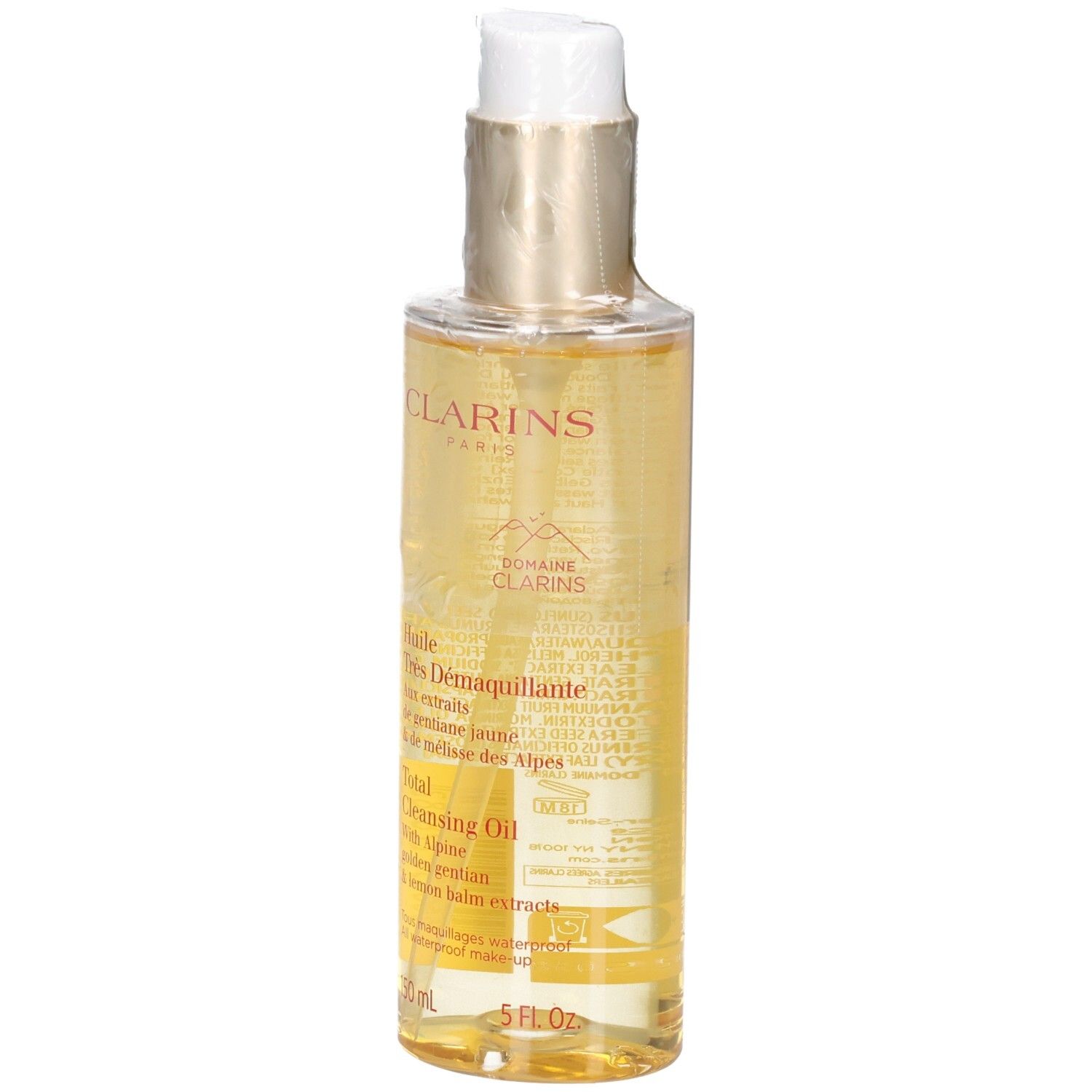 Clarins Total Cleansing Oil Flasche mit Pumpspender, goldfarbener Verschluss.