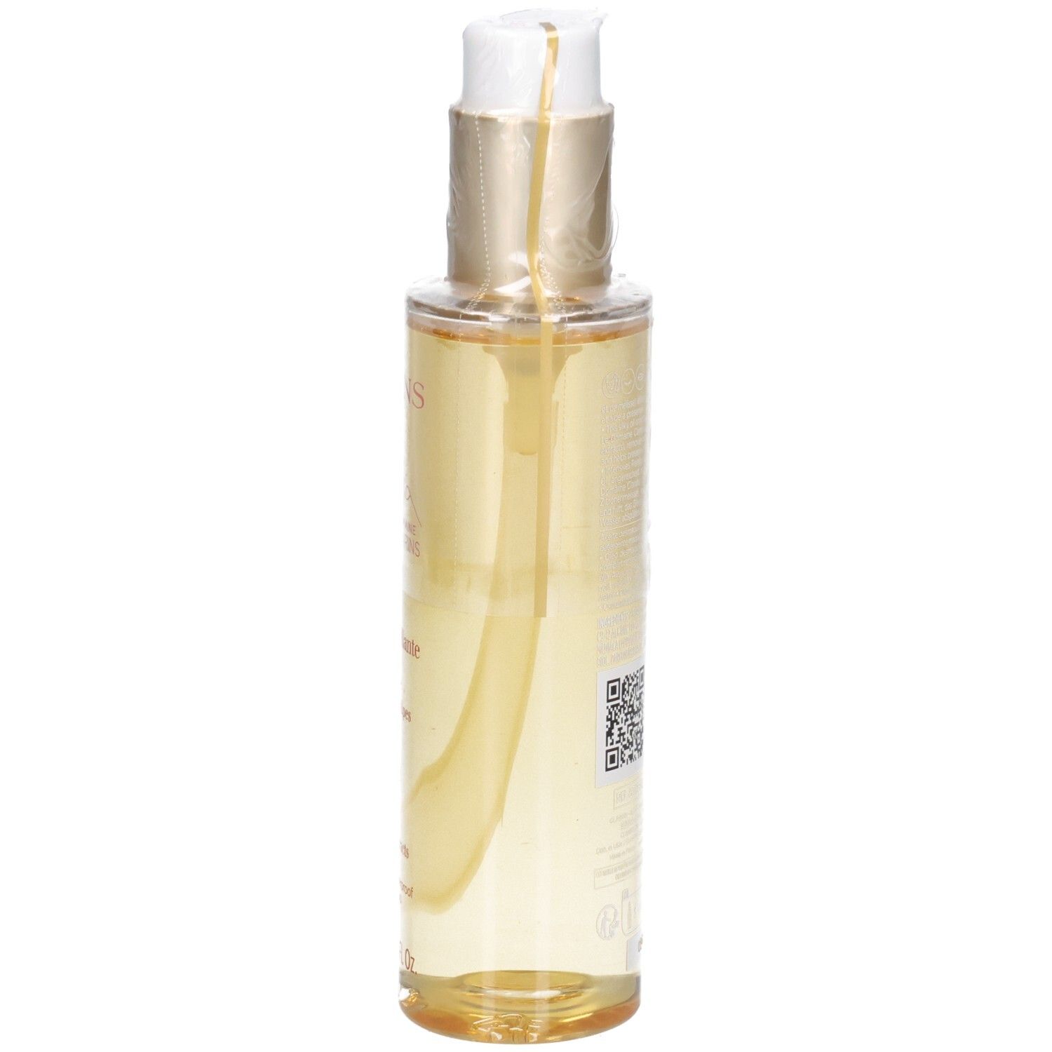 Clarins Total Cleansing Oil Flasche von der Seite, goldfarbener Verschluss.