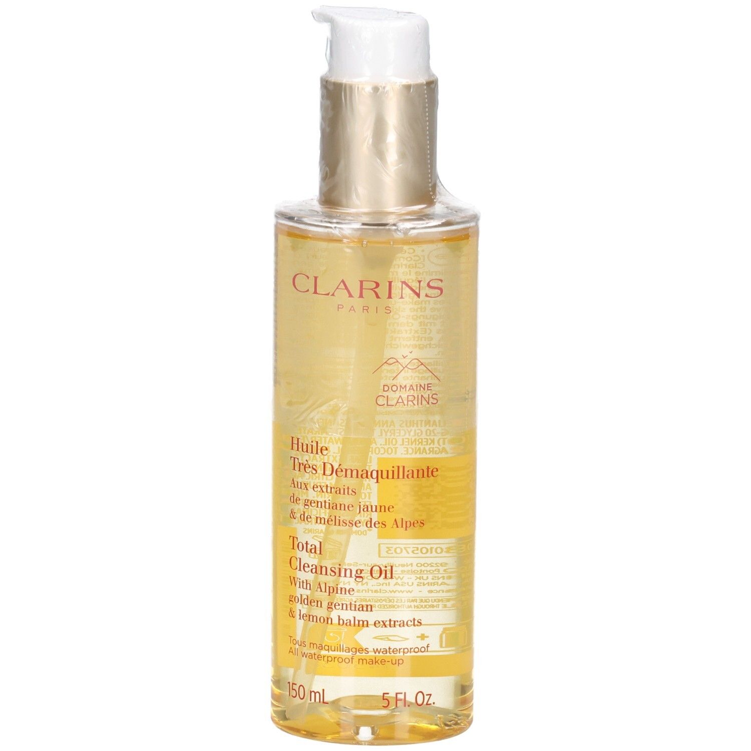 Clarins Total Cleansing Oil Flasche mit Pumpspender, goldfarbener Verschluss.