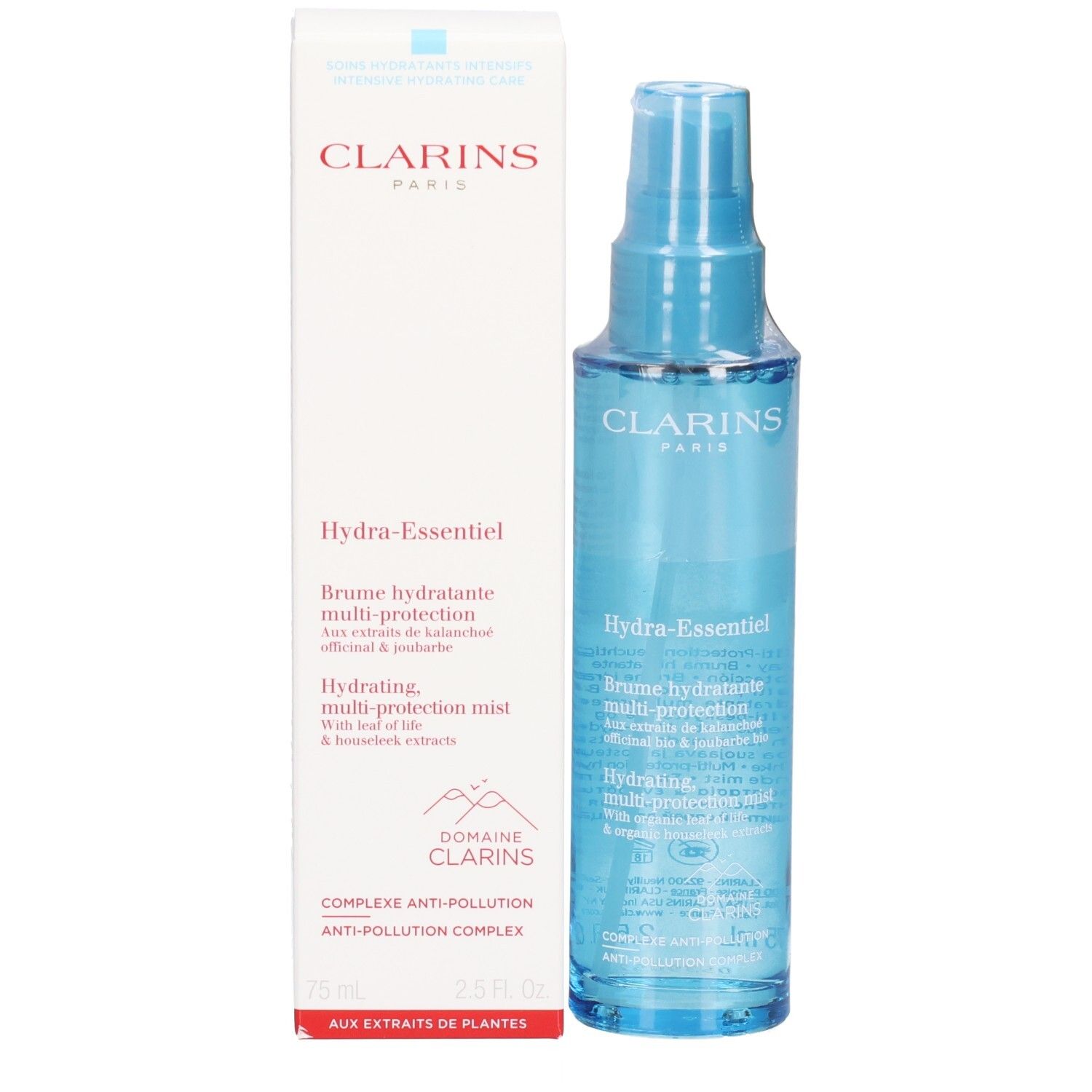 Clarins Hydra-Essentiel Brume Hydratante Multi-Protection Pumpsprühflasche.