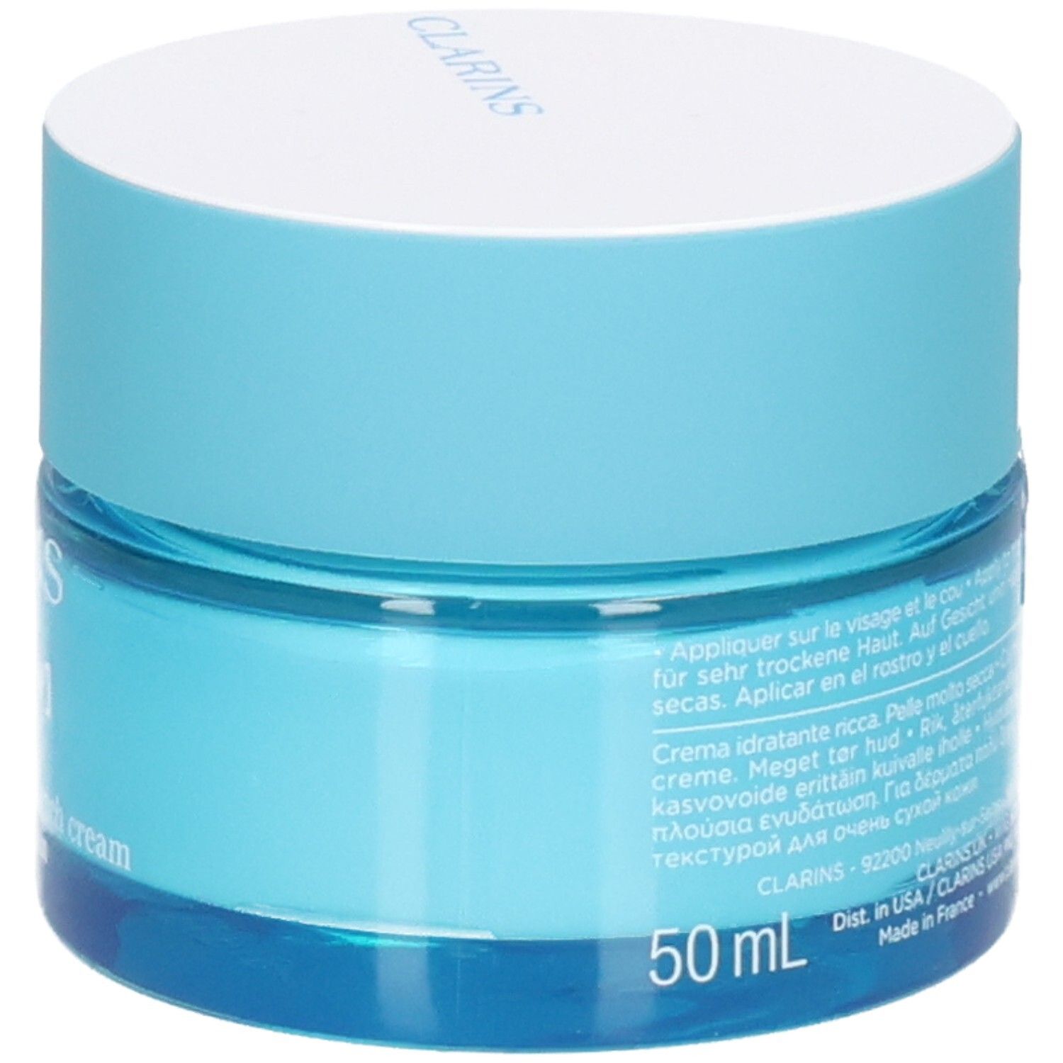 Clarins Hydra-Essentiel Feuchtigkeitscreme, 50ml, mit Anwendungshinweisen.