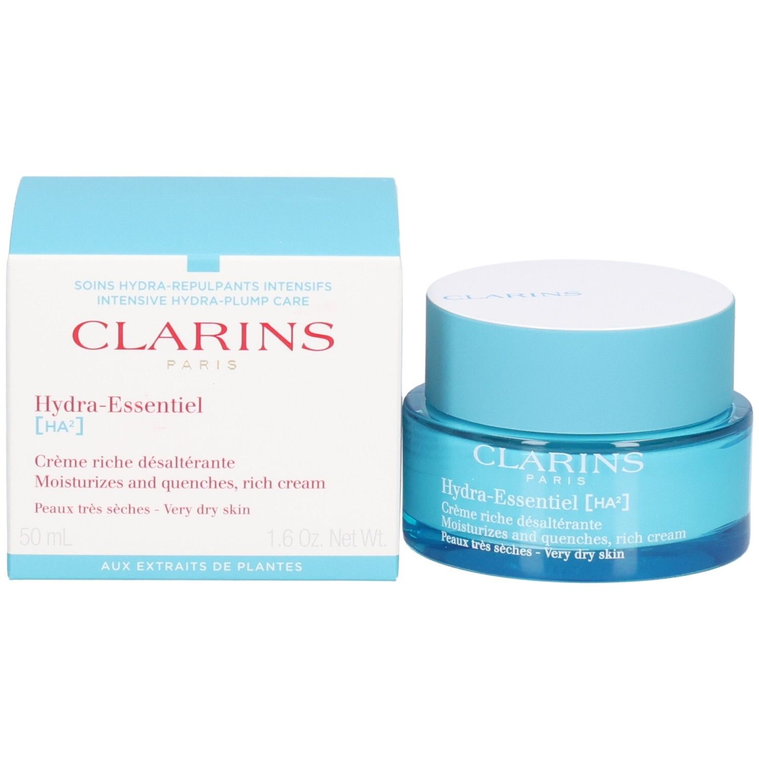 Clarins Hydra-Essentiel Feuchtigkeitscreme und Verpackung, 50ml.