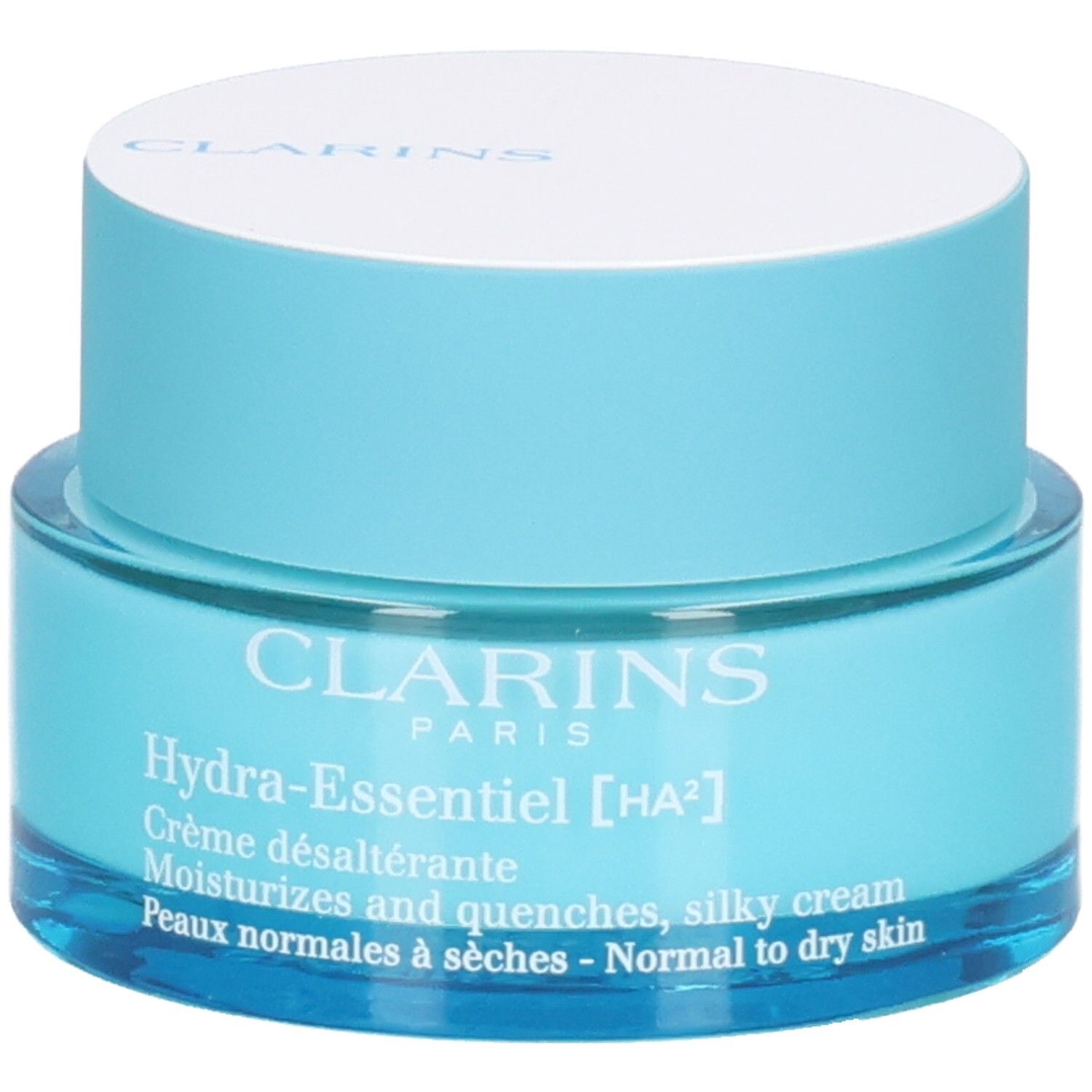 Clarins Hydra-Essentiel [HA²] Tagescreme in blauem Tiegel mit weißem Deckel.