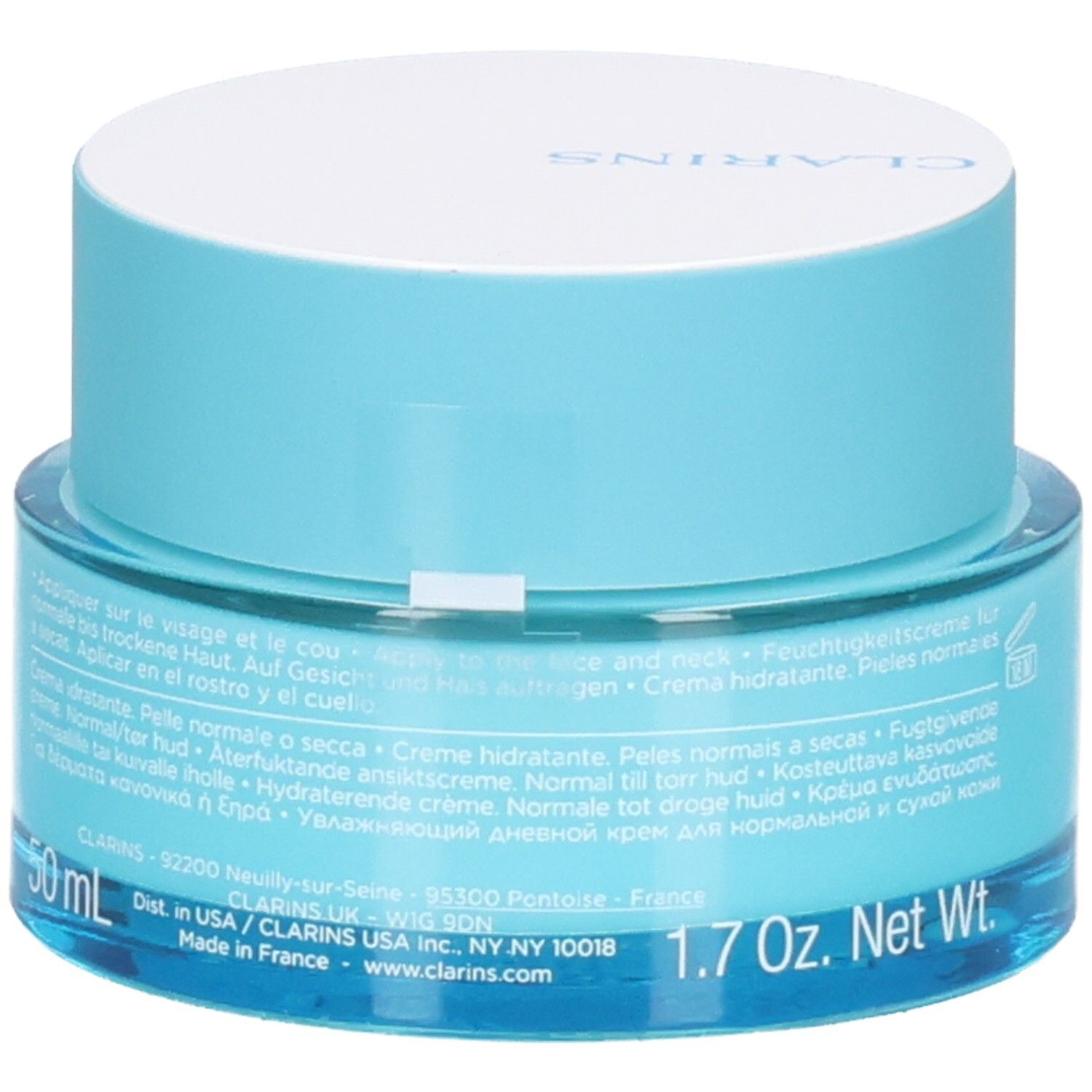 Clarins Hydra-Essentiel [HA²] Tagescreme, Rückseite mit Anwendungshinweisen und 50ml Angabe.