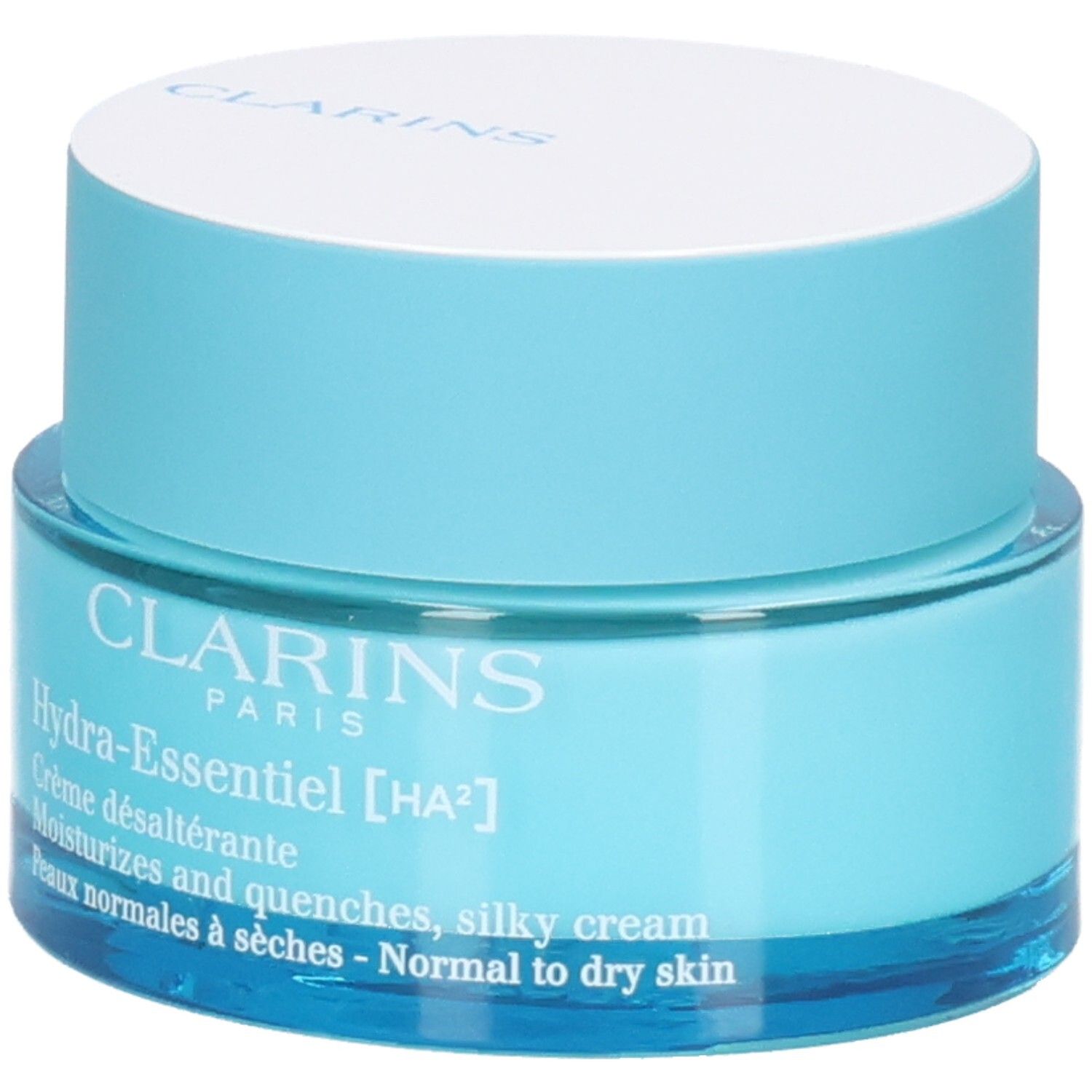 Clarins Hydra-Essentiel [HA²] Tagescreme in blauem Tiegel, Vorderansicht.
