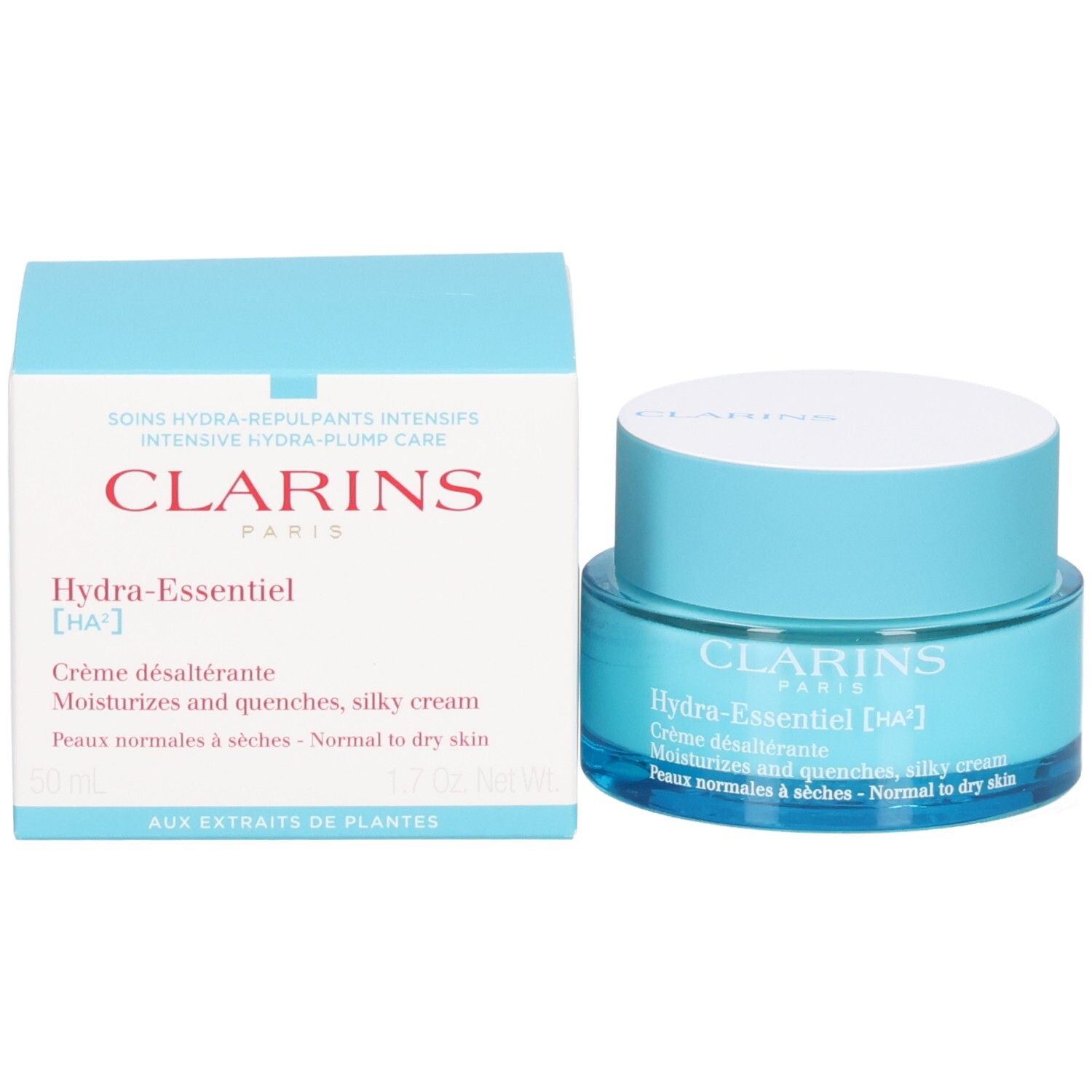 Clarins Hydra-Essentiel [HA²] Tagescreme mit Verpackung, blauer Tiegel und Karton.