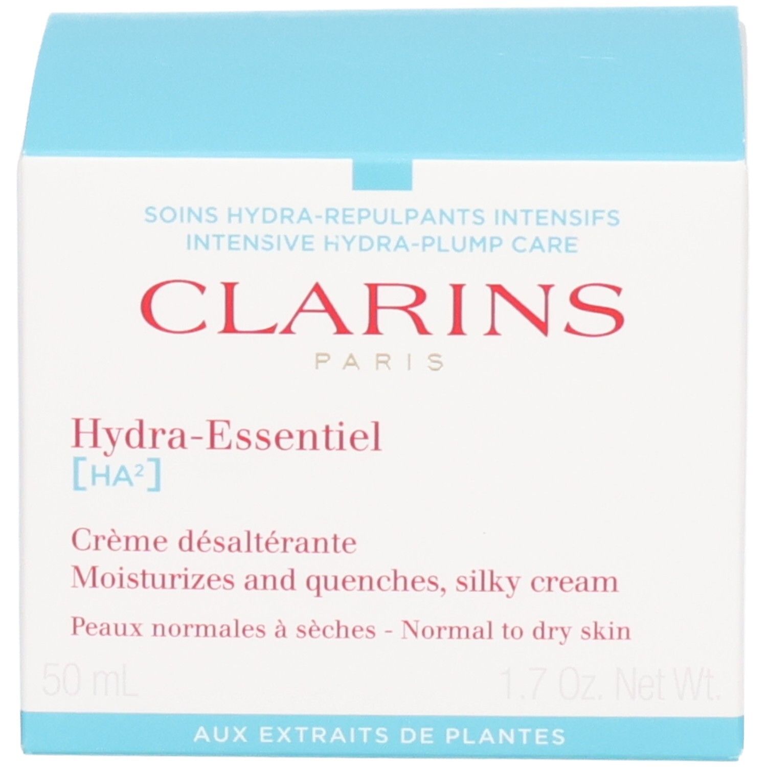 Clarins Hydra-Essentiel [HA²] Tagescreme auf weißem Karton.