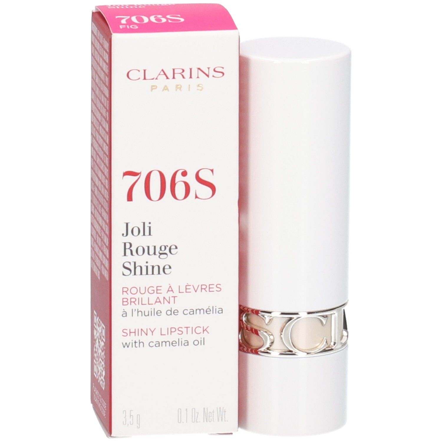 Clarins Joli Rouge Shine Lippenstift 706S in weißer Hülse mit silbernem Ring, neben der Verpackung.