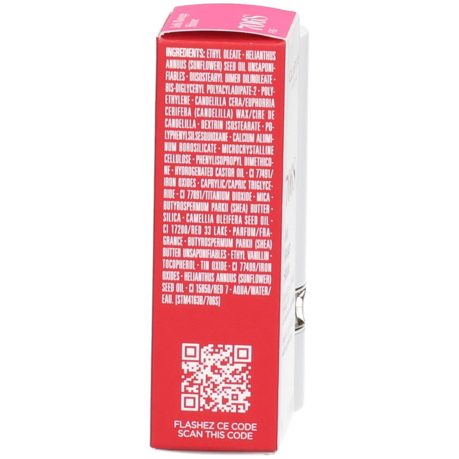 Rückseite der Clarins Joli Rouge Shine 706S Verpackung mit Inhaltsstoffen und QR-Code.