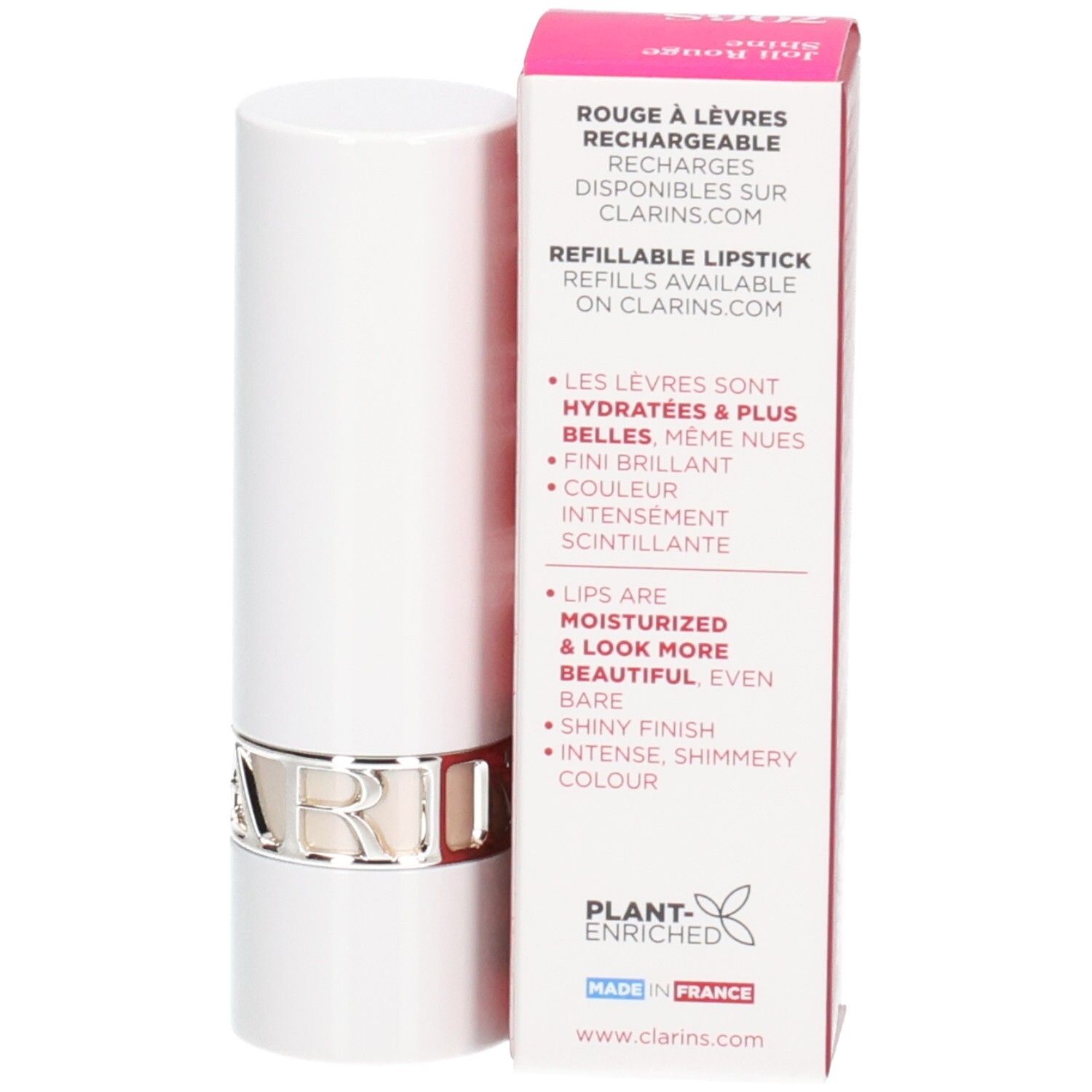 Clarins Joli Rouge Shine Lippenstift 706S in weißer Hülse mit silbernem Ring, neben der Verpackung.