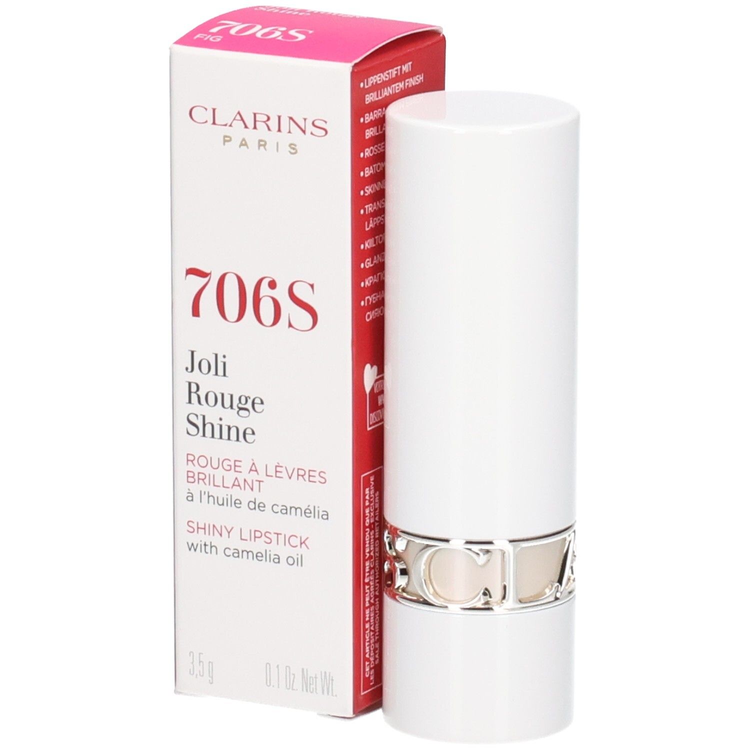 Clarins Joli Rouge Shine Lippenstift 706S in weißer Hülse mit silbernem Ring, neben der Verpackung.
