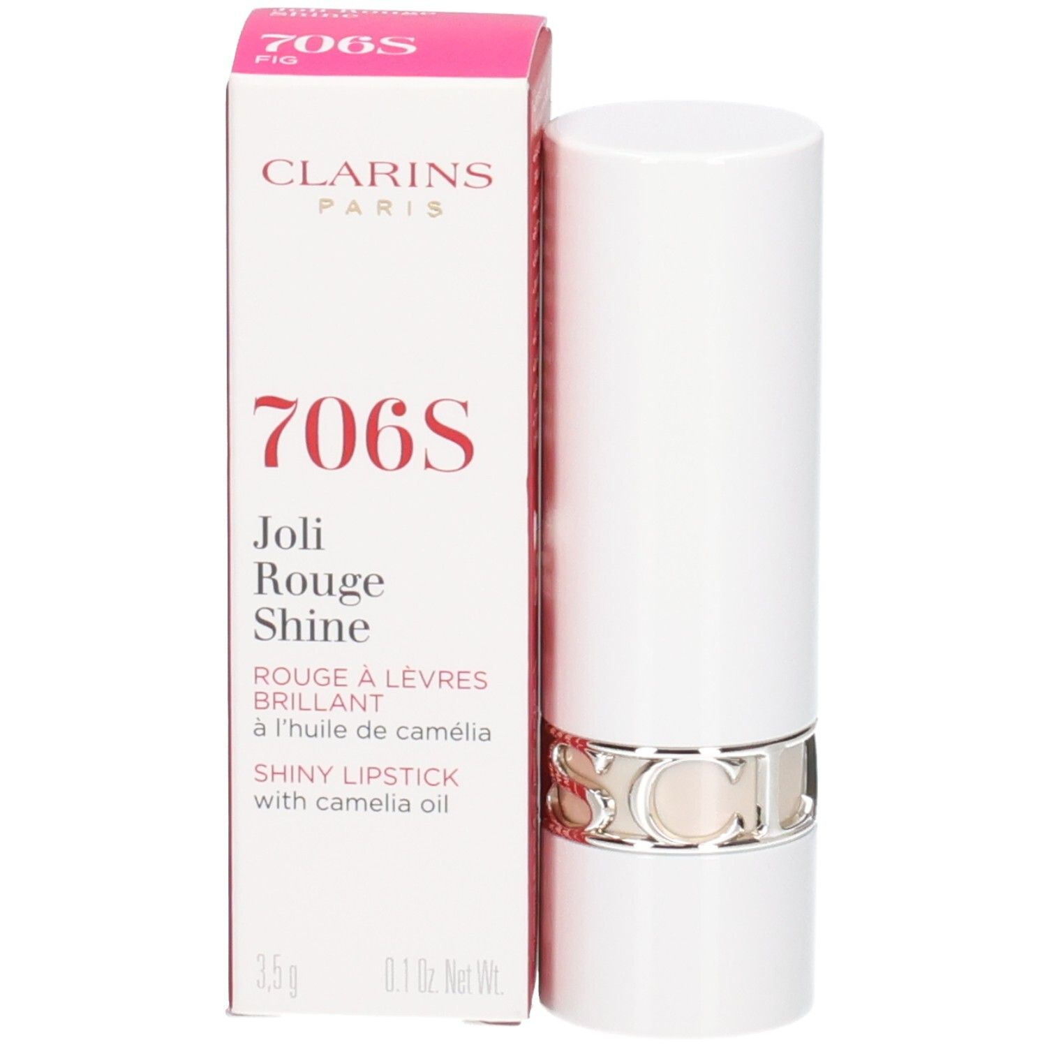 Clarins Joli Rouge Shine Lippenstift 706S in weißer Hülse mit silbernem Ring, neben der Verpackung.