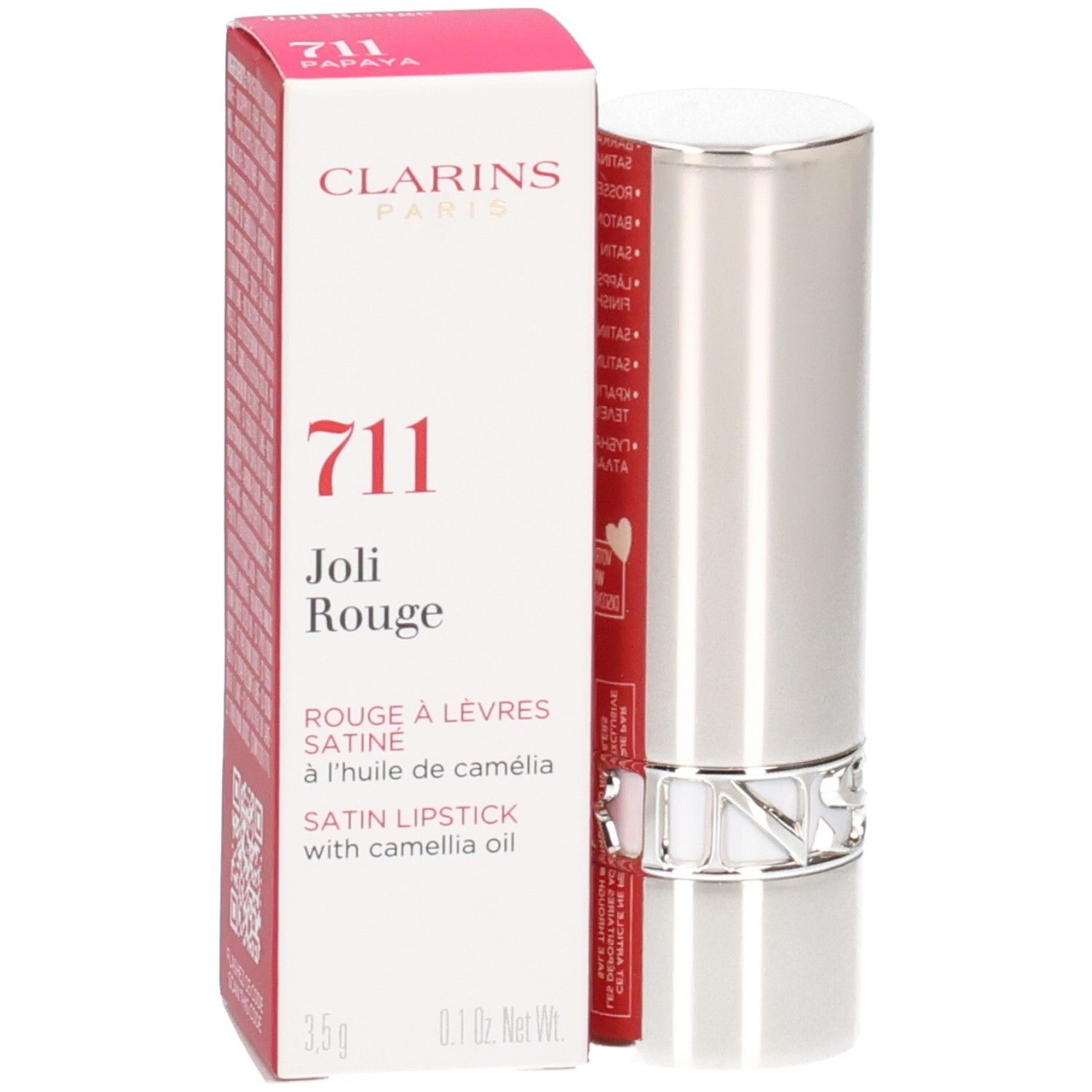Clarins Joli Rouge Satin Lippenstift 711 Papaya in silberner Hülse mit Umverpackung.