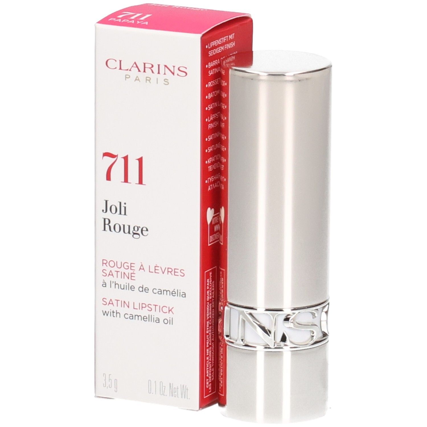 Clarins Joli Rouge Satin Lippenstift 711 Papaya in silberner Hülse mit Umverpackung.