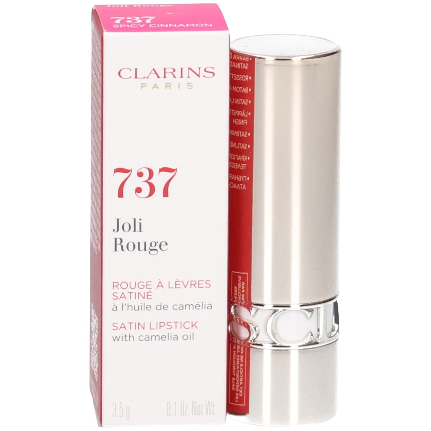 Clarins Joli Rouge Satin Lippenstift 737 Spicy Cinnamon in silberner Hülse mit Verpackung.