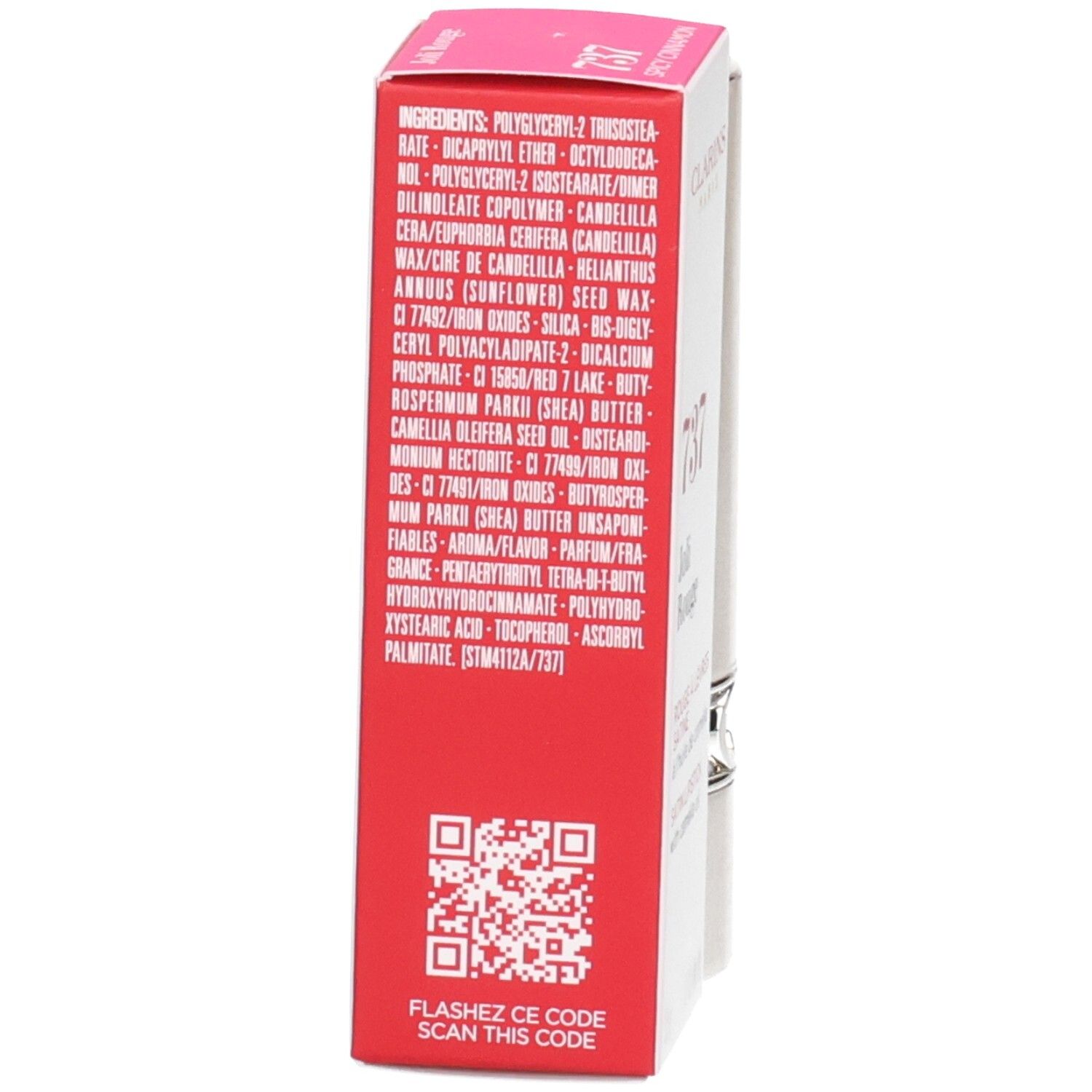 Rückseite der Clarins Joli Rouge Satin Lippenstiftverpackung mit Inhaltsstoffen und QR-Code.