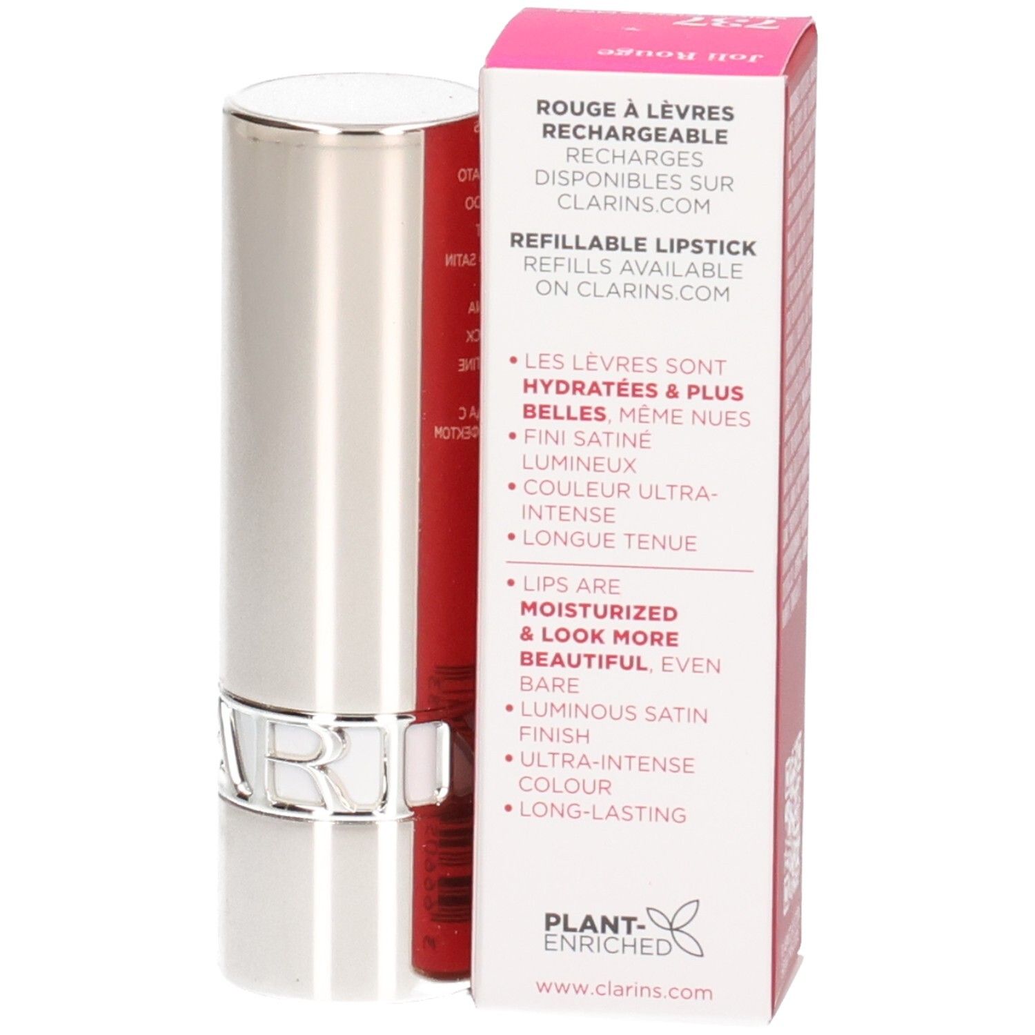Clarins Joli Rouge Satin Lippenstift 737 Spicy Cinnamon, nachfüllbar, silberne Hülse mit Verpackung.