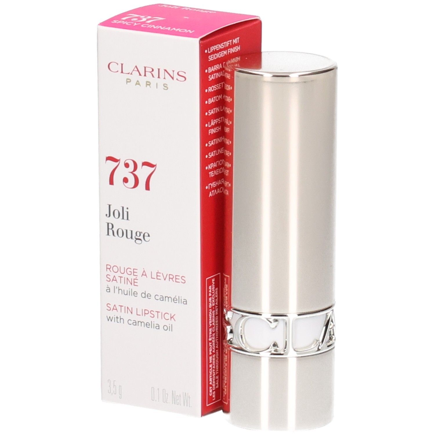 Clarins Joli Rouge Satin Lippenstift 737 Spicy Cinnamon in silberner Hülse mit Verpackung.