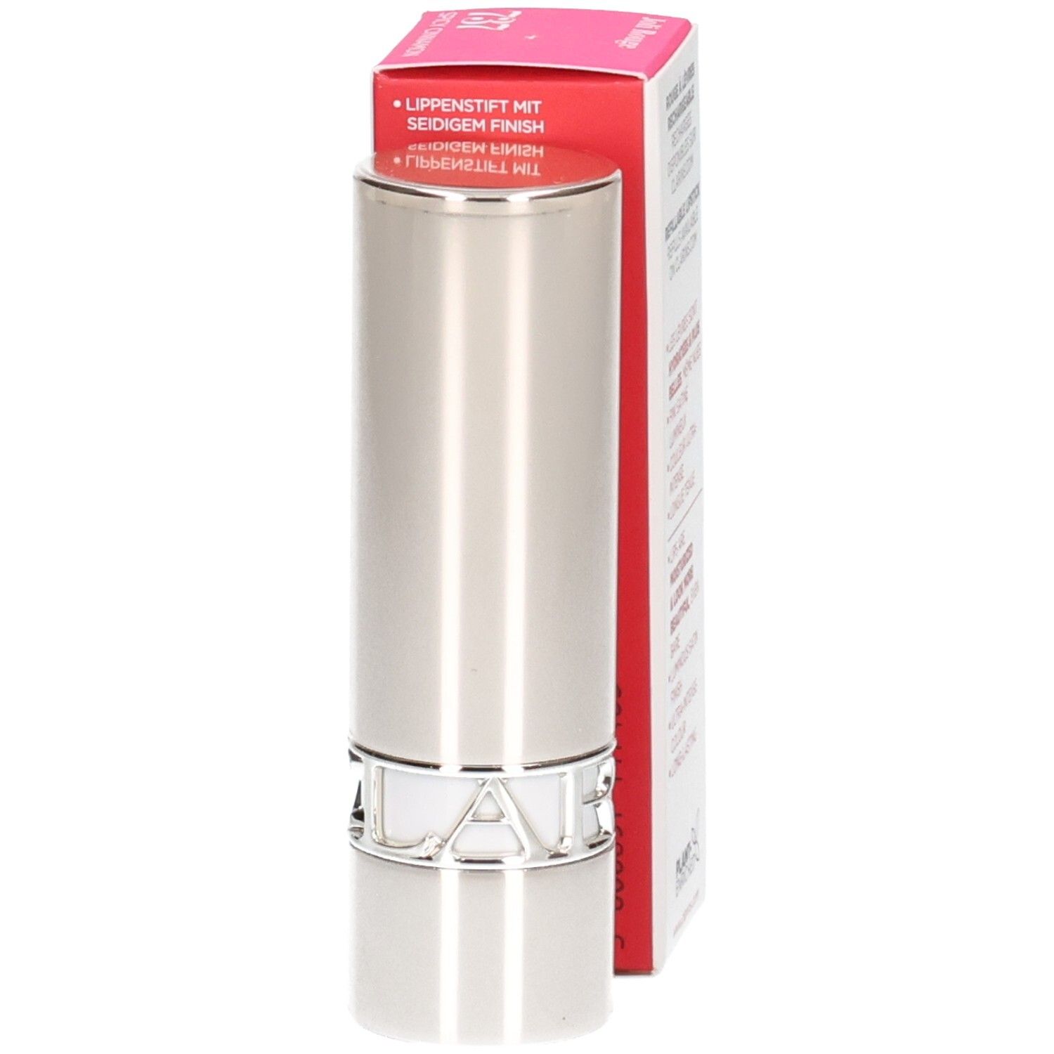 Clarins Joli Rouge Satin Lippenstift 737 Spicy Cinnamon in silberner Hülse, Verpackung seitlich.