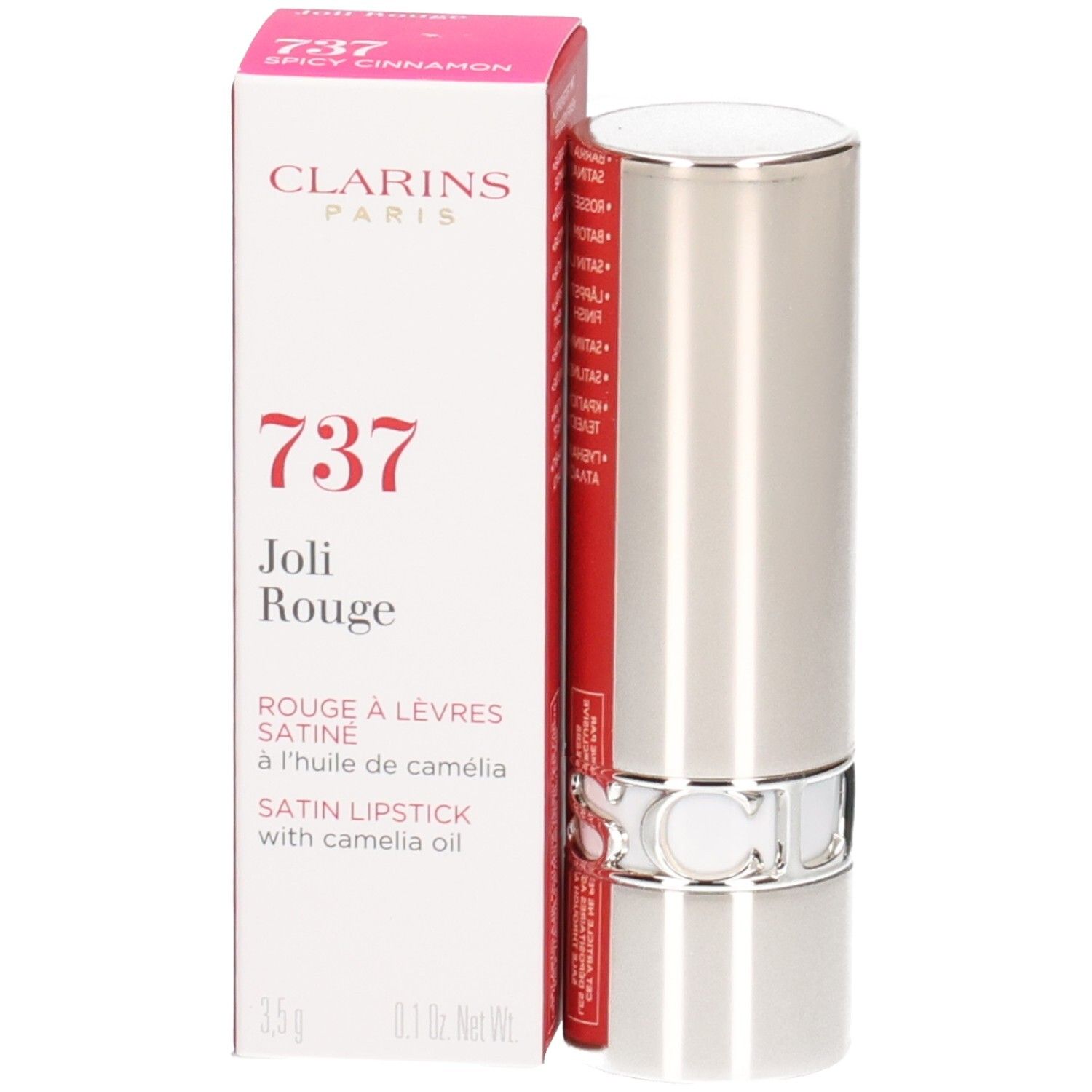 Clarins Joli Rouge Satin Lippenstift 737 Spicy Cinnamon in silberner Hülse mit Verpackung.
