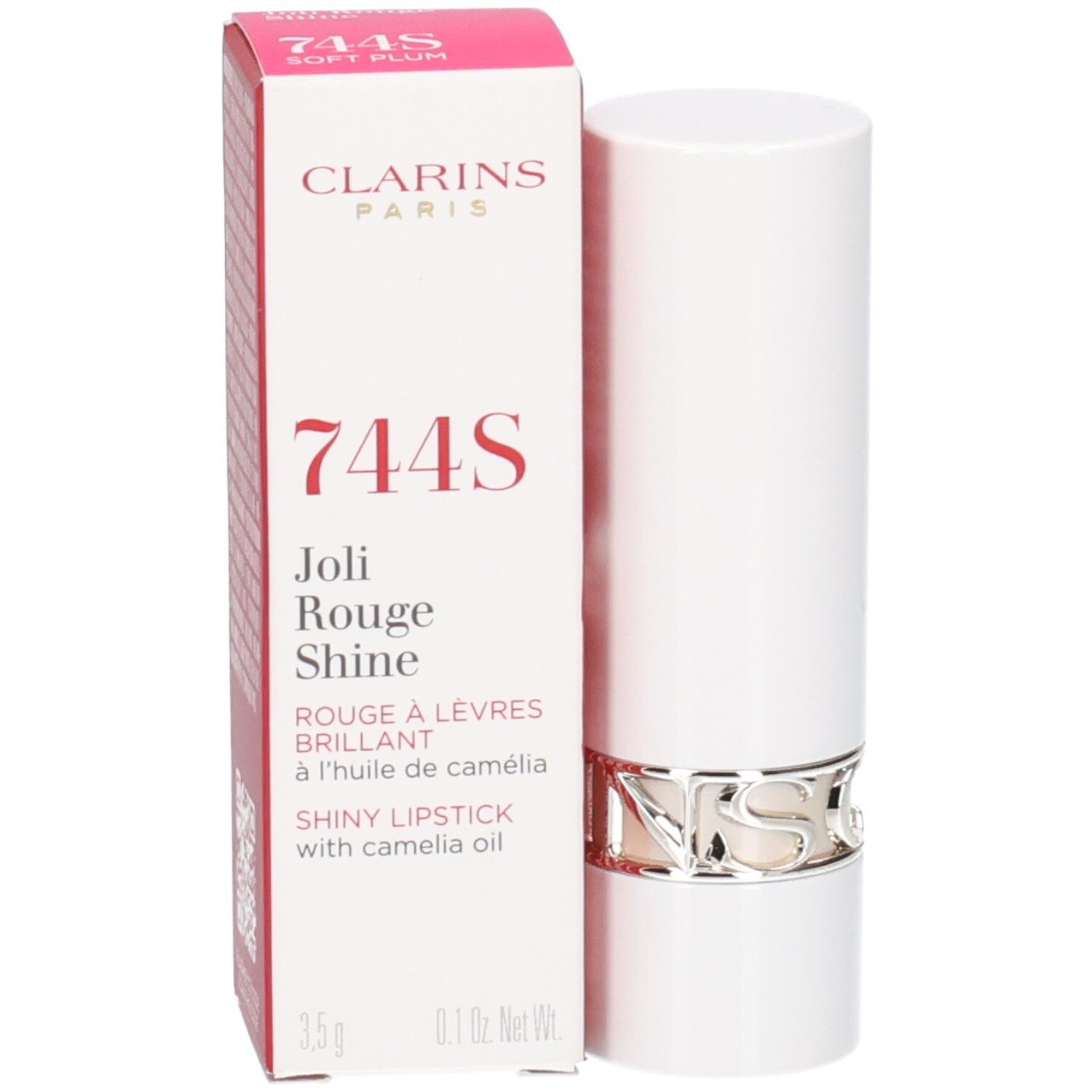 Clarins Joli Rouge Shine Lippenstift, Farbe 744S Soft Plum, in weißer Hülse mit silbernem Ring.