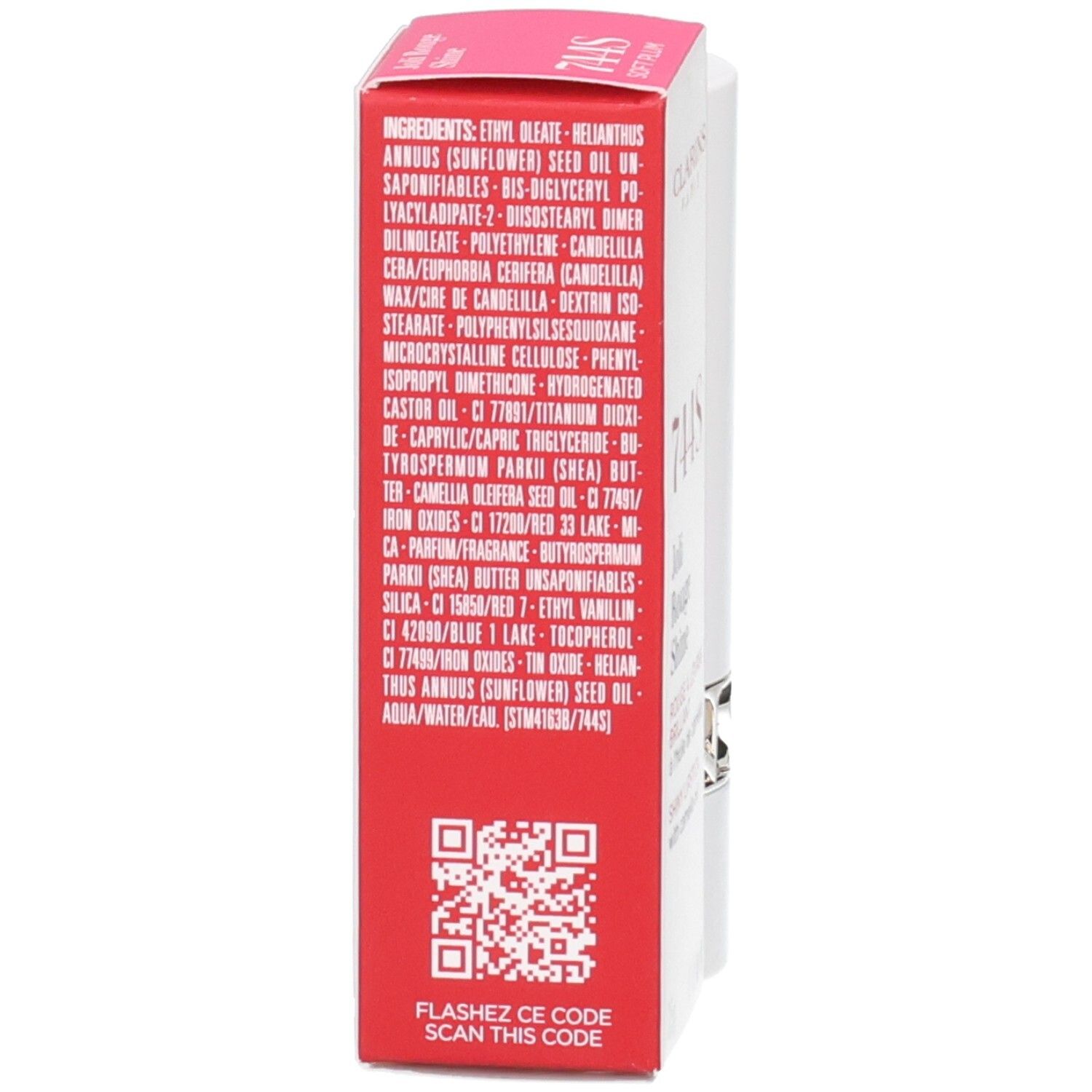 Rückseite der Clarins Joli Rouge Shine Verpackung mit Inhaltsstoffliste und QR-Code.