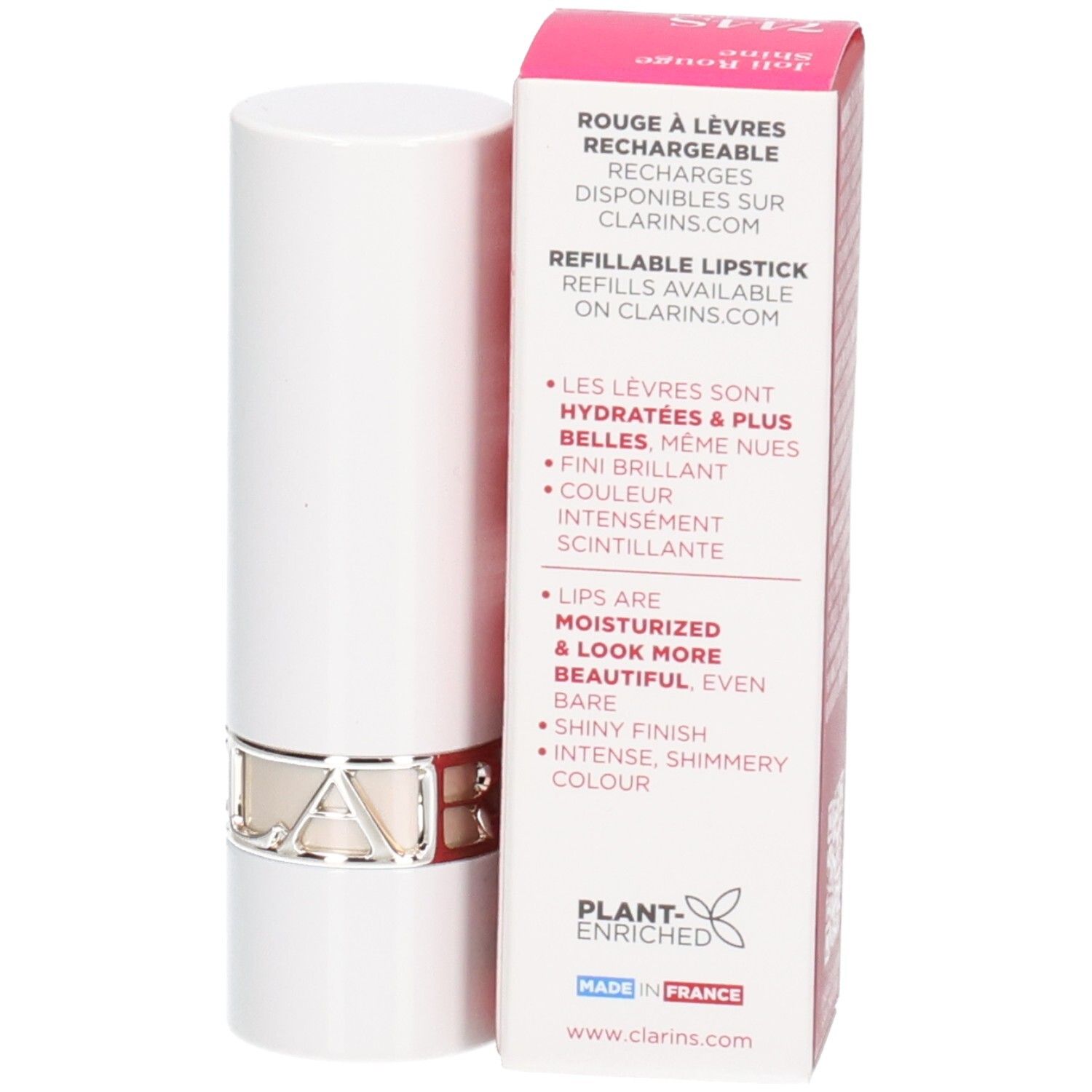 Clarins Joli Rouge Shine nachfüllbarer Lippenstift, weißer Behälter mit silbernem Ring.