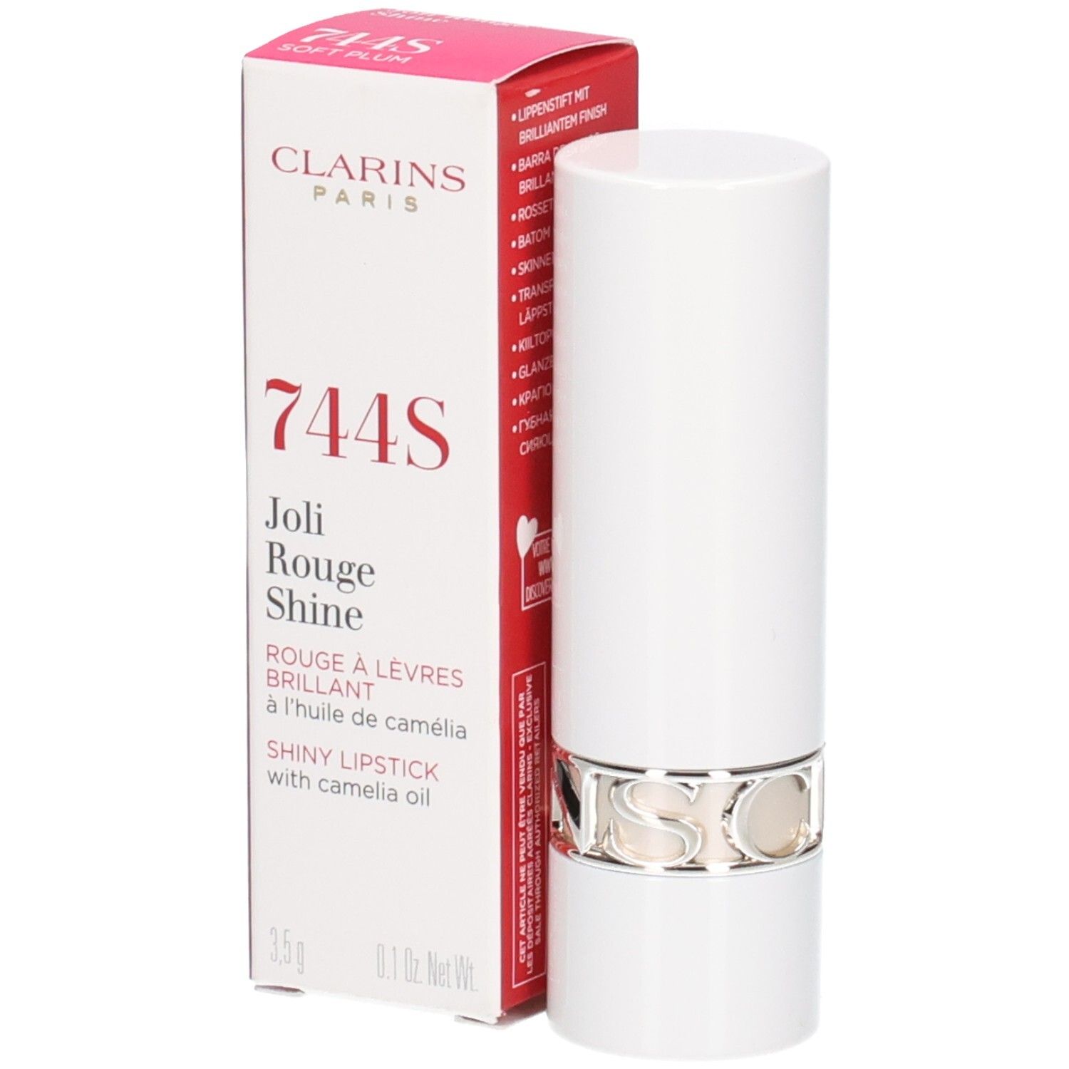 Clarins Joli Rouge Shine Lippenstift, Farbe 744S Soft Plum, in weißer Hülse mit silbernem Ring und Verpackung.