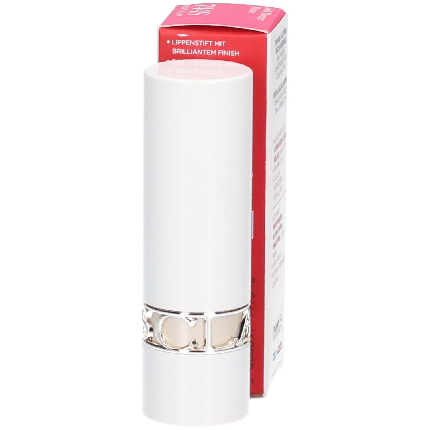 Clarins Joli Rouge Shine Lippenstift in weißer Hülse mit silbernem Ring, teilweise in Verpackung.