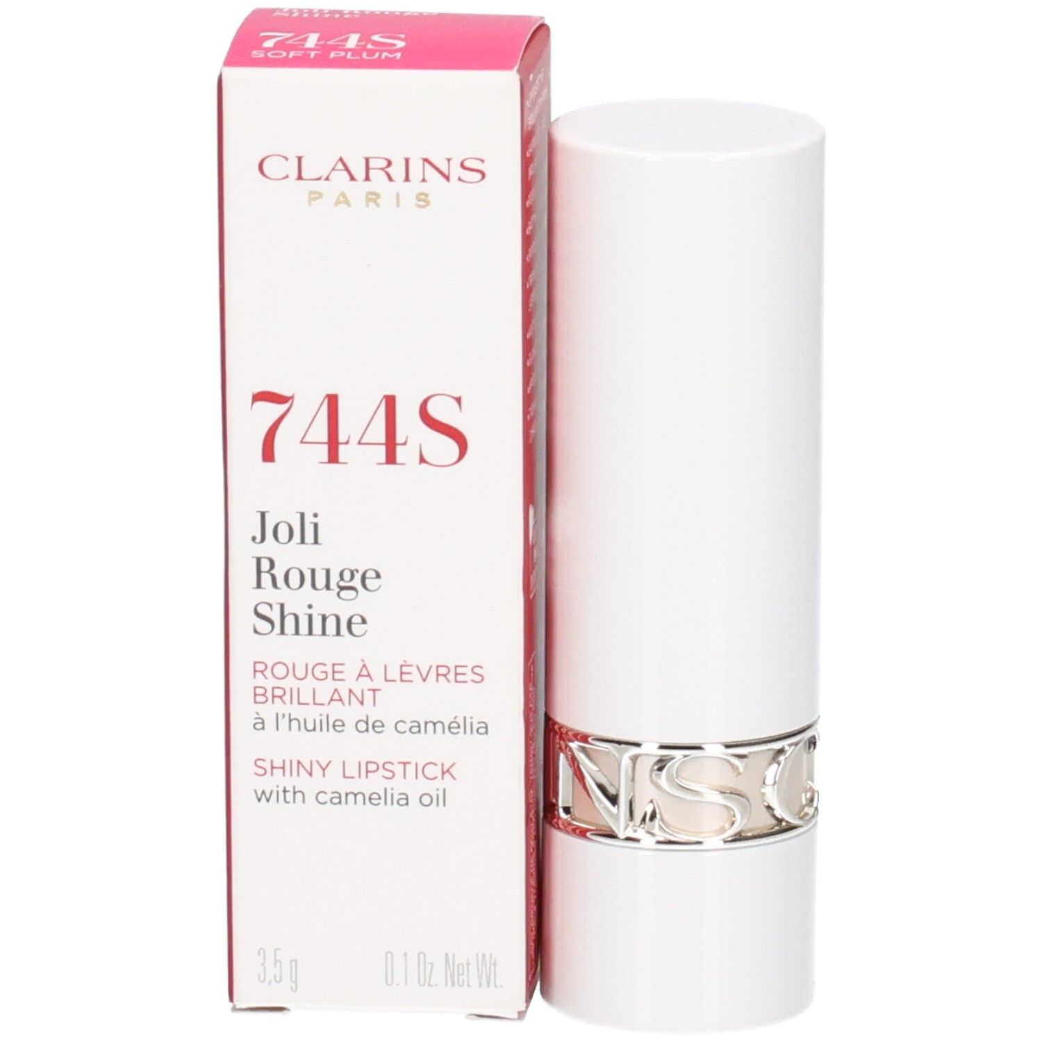 Clarins Joli Rouge Shine Lippenstift, Farbe 744S Soft Plum, in weißer Hülse mit silbernem Ring und Verpackung.