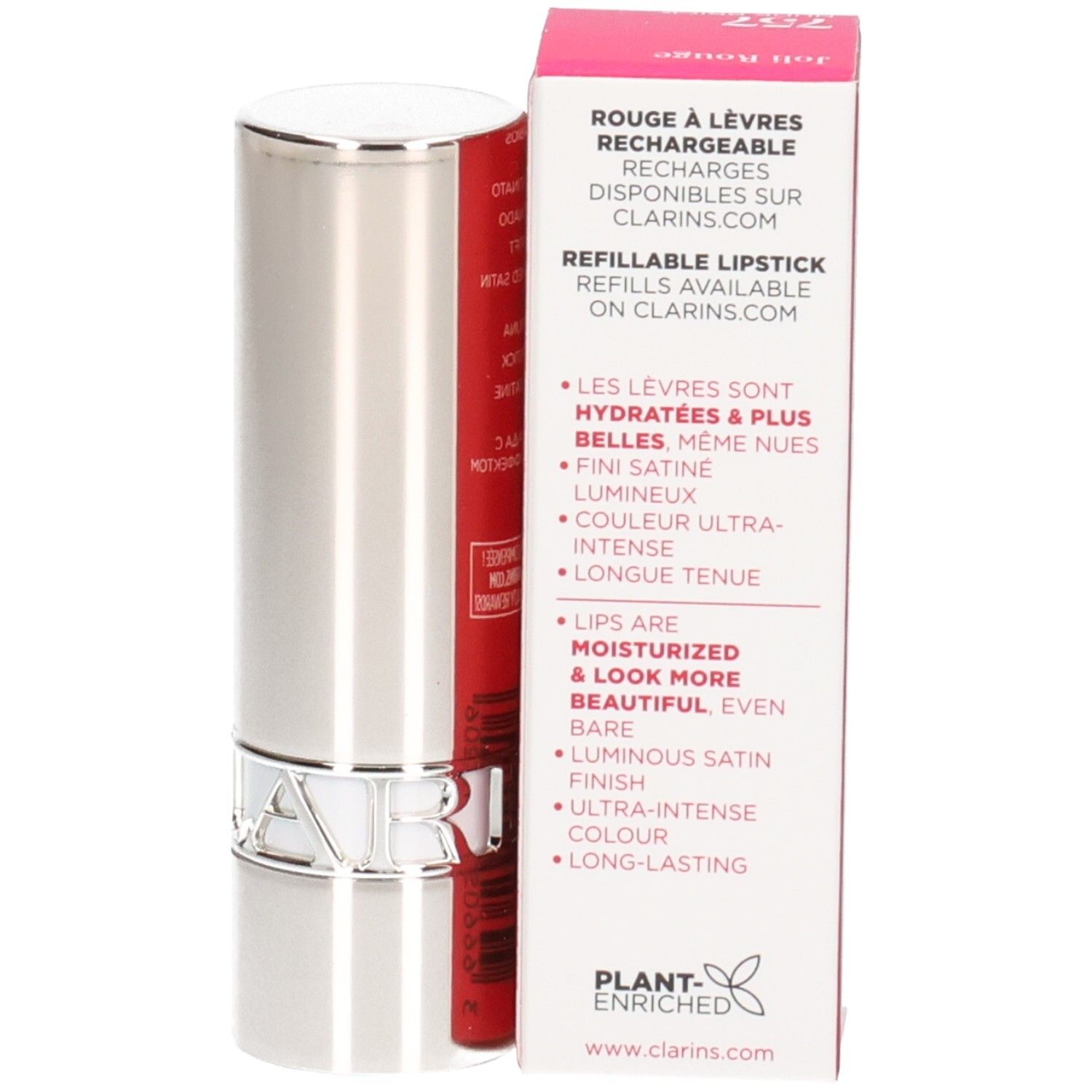 Clarins Joli Rouge Satin Lippenstift 757: Nachfüllbarer Lippenstift mit Faltschachtel.