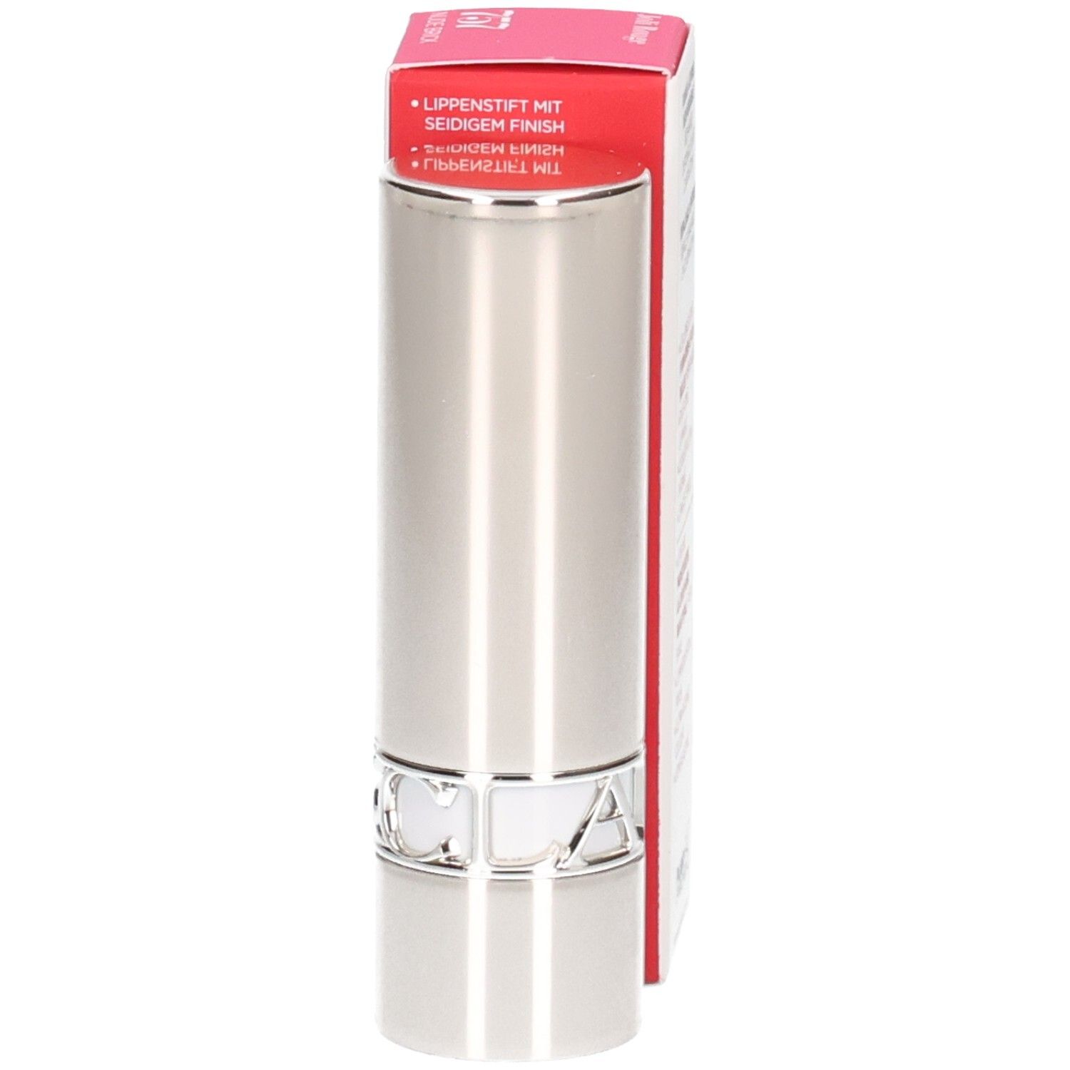 Clarins Joli Rouge Satin Lippenstift 757: Rückseite der Faltschachtel mit Text.