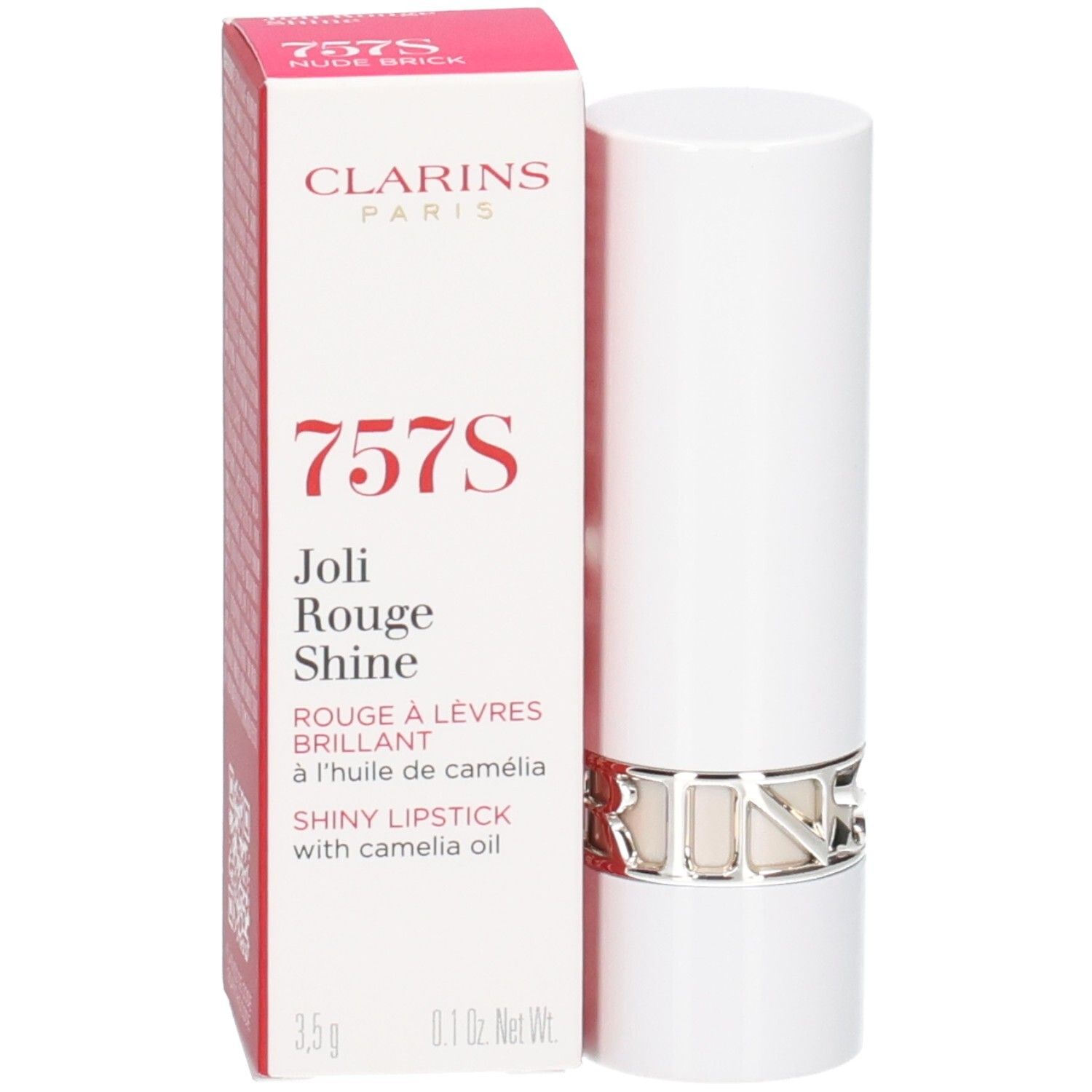Clarins Joli Rouge Satin Lippenstift 757S Nude Brick in weißer Hülse mit silbernem Ring und Verpackung.