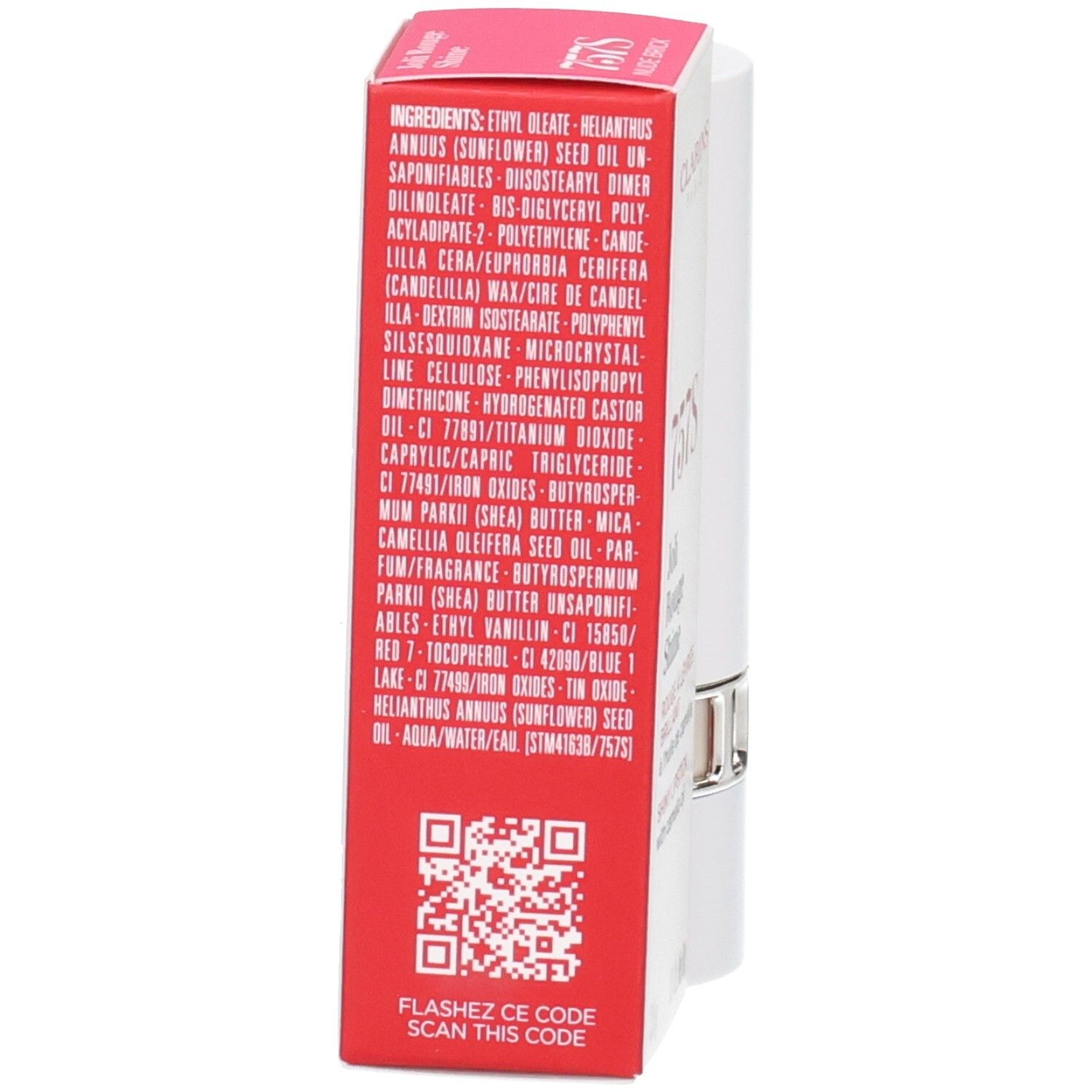 Clarins Joli Rouge Satin Lippenstift 757S Nude Brick, Rückseite der Verpackung mit Inhaltsstoffen und QR-Code.