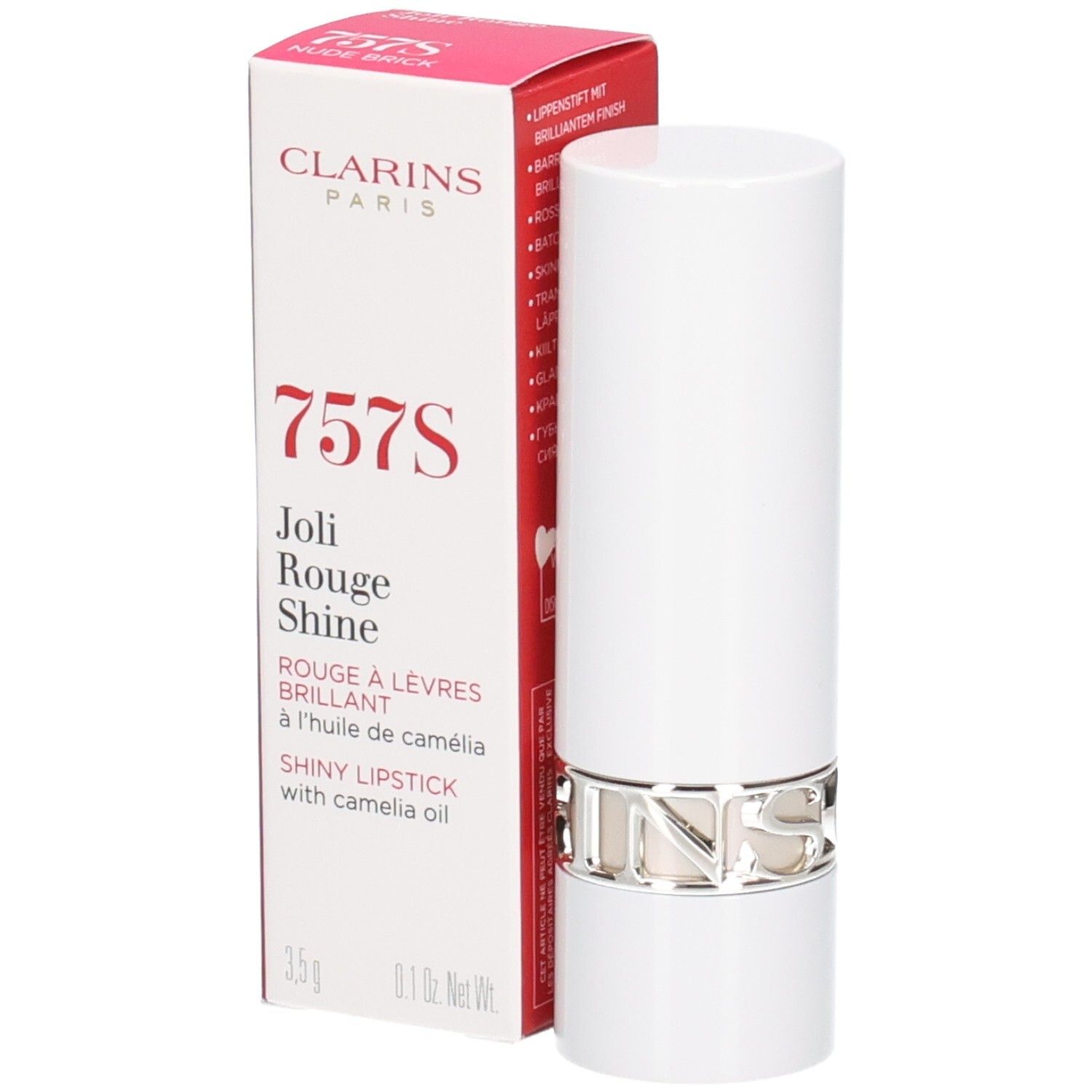 Clarins Joli Rouge Satin Lippenstift 757S Nude Brick in weißer Hülse mit silbernem Ring und Verpackung.