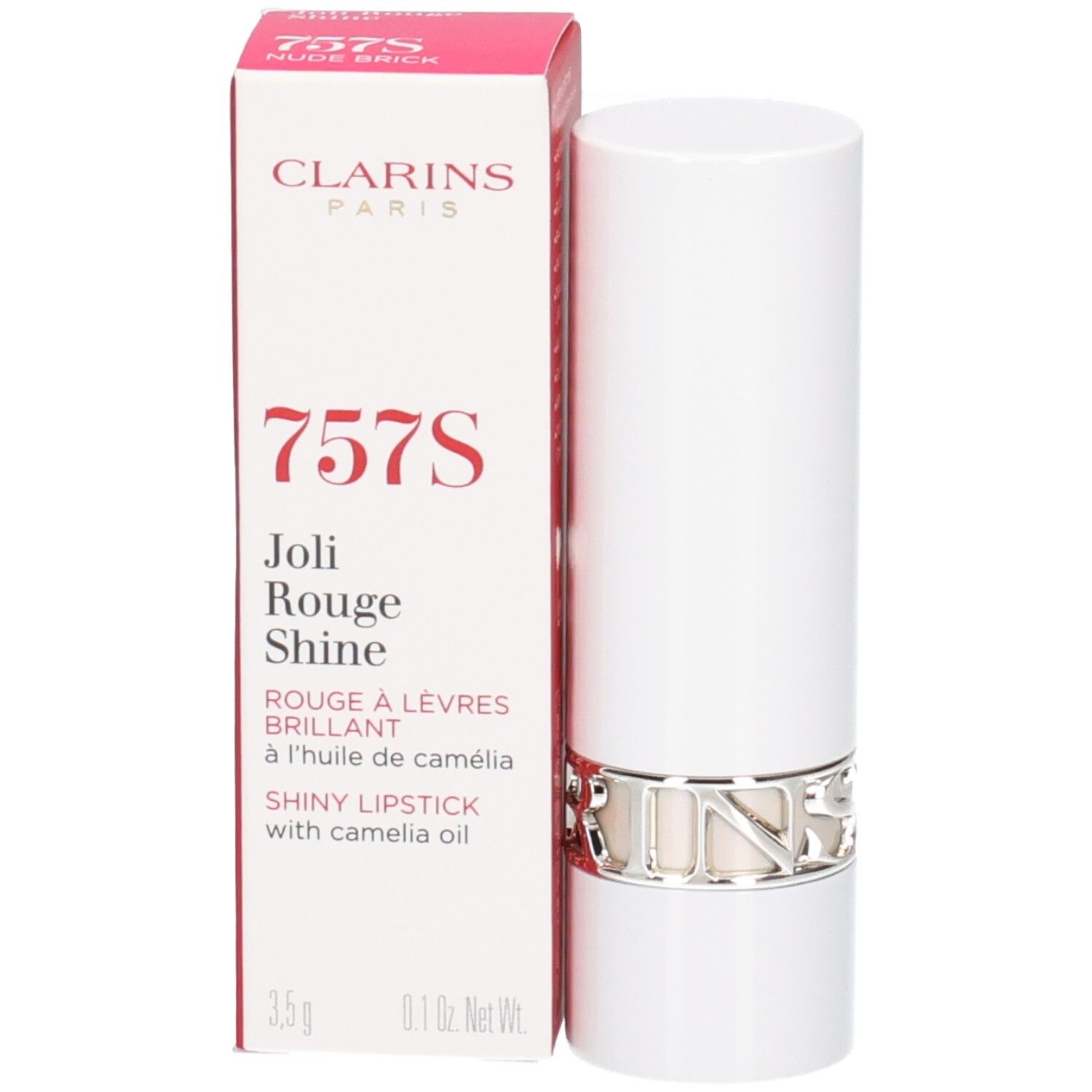 Clarins Joli Rouge Satin Lippenstift 757S Nude Brick in weißer Hülse mit silbernem Ring und Verpackung.