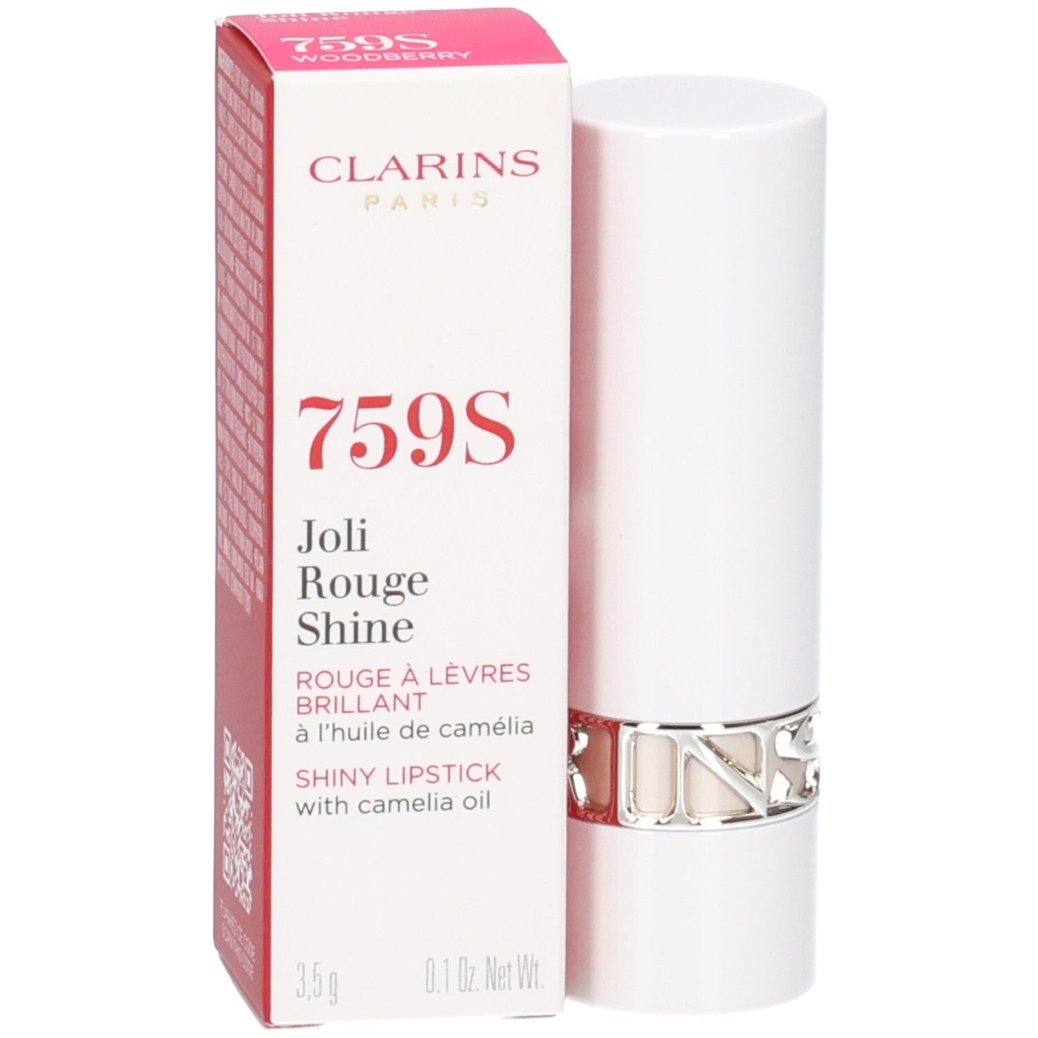Clarins Joli Rouge Shine Lippenstift 759S Woodberry in weißer Verpackung mit silbernem Ring.