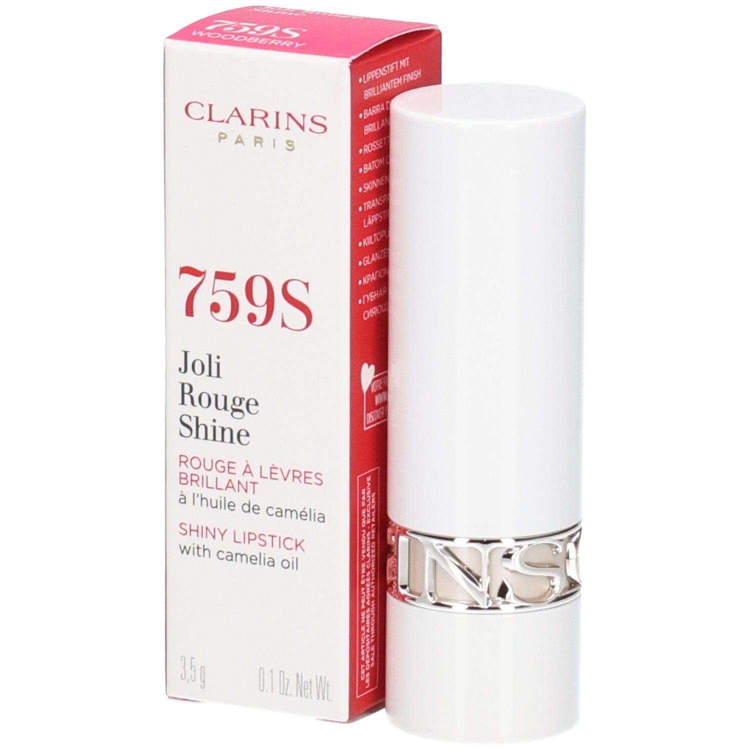 Clarins Joli Rouge Shine Lippenstift 759S Woodberry in weißer Verpackung mit silbernem Ring.
