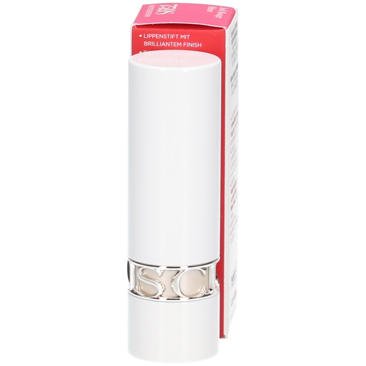 Clarins Joli Rouge Shine Lippenstift in weißer Hülse mit silbernem Ring und Verpackung.