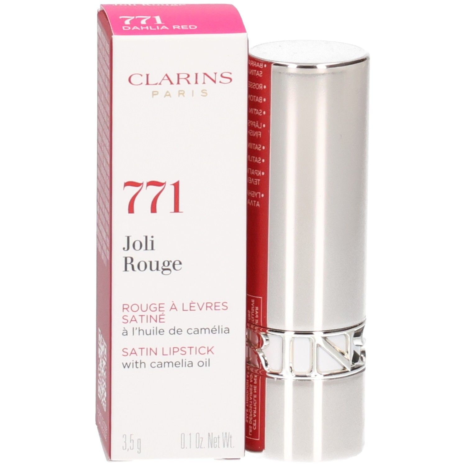 Clarins Joli Rouge Satin Lipstick, Farbe 771 Dahlia Red, mit Cameliaöl. Silberner Behälter.