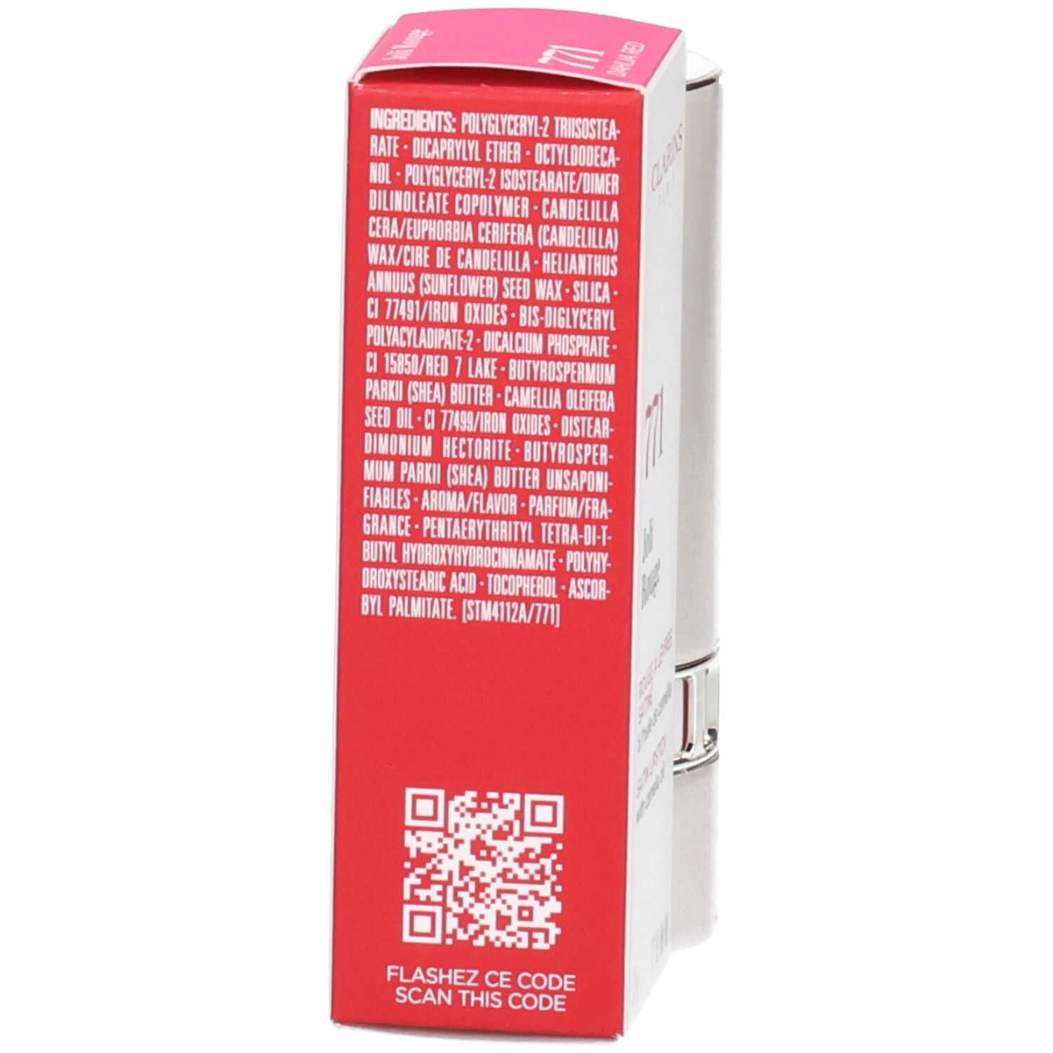 Rote Verpackung mit Inhaltsstoffliste und QR-Code. Silberner Behälter daneben.