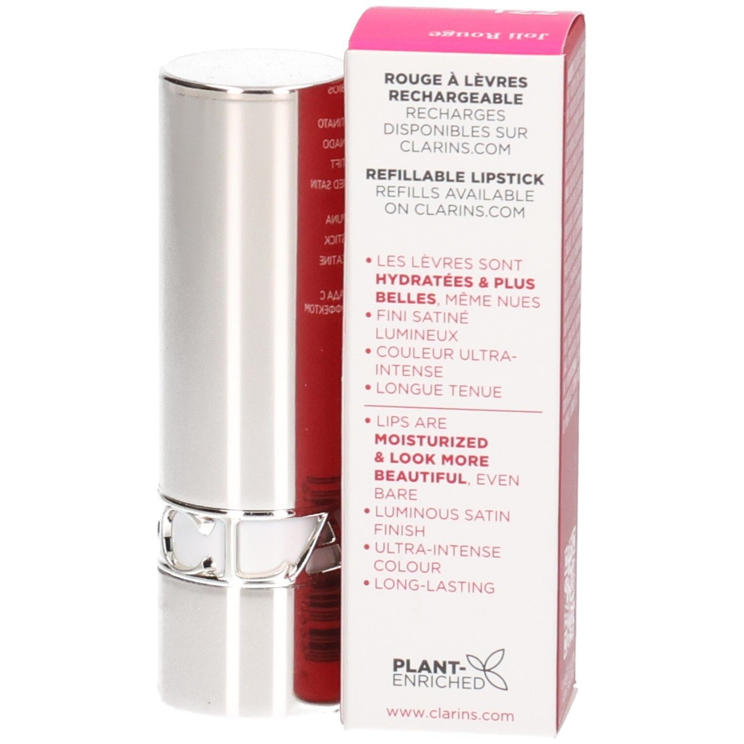 Silberner Lippenstift mit rotem Stift und Verpackung. Beschriftung: Rouge à Lèvres Rechargeable.