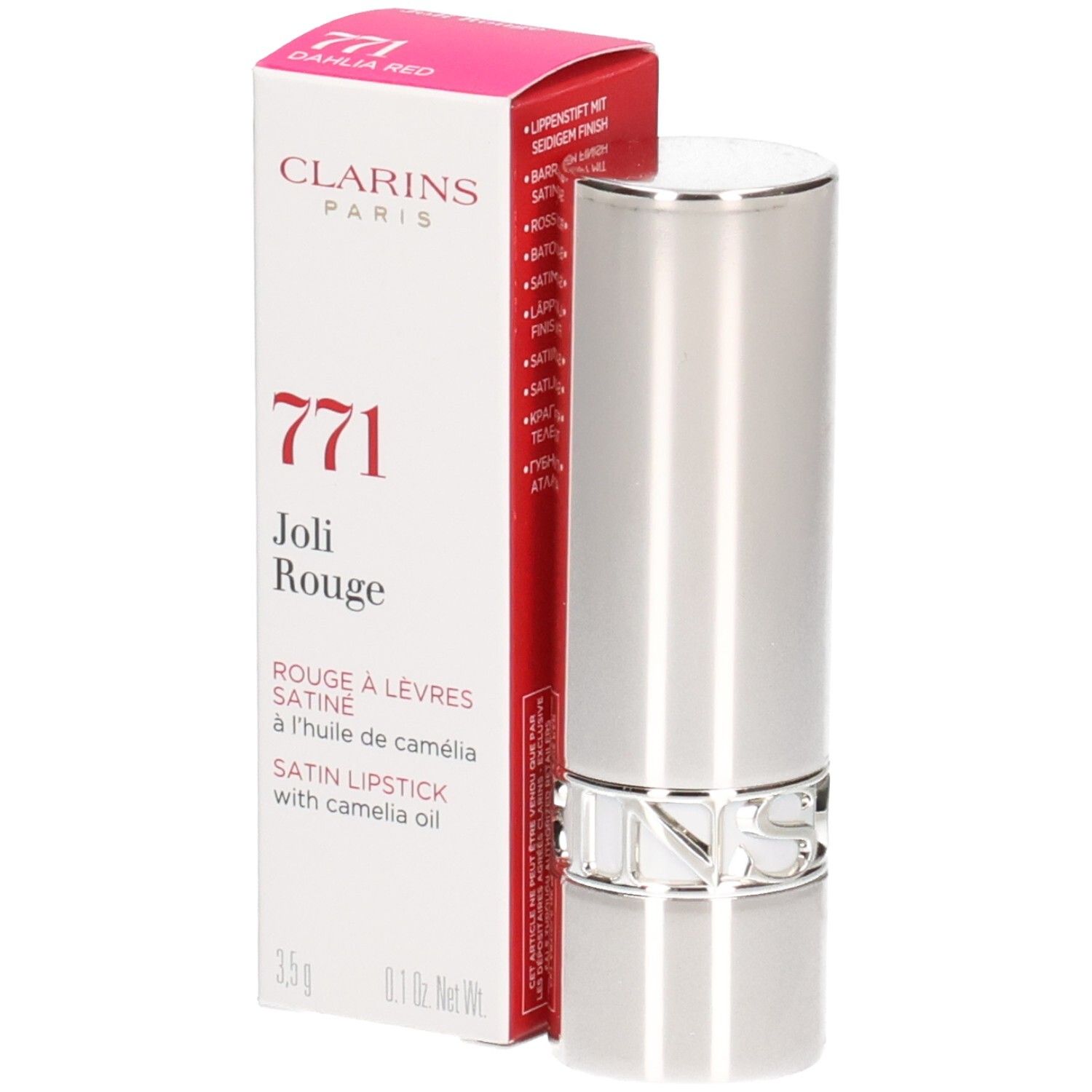 Clarins Joli Rouge Satin Lippenstift, Farbe 771 Dahlia Red, mit Kamelienöl.