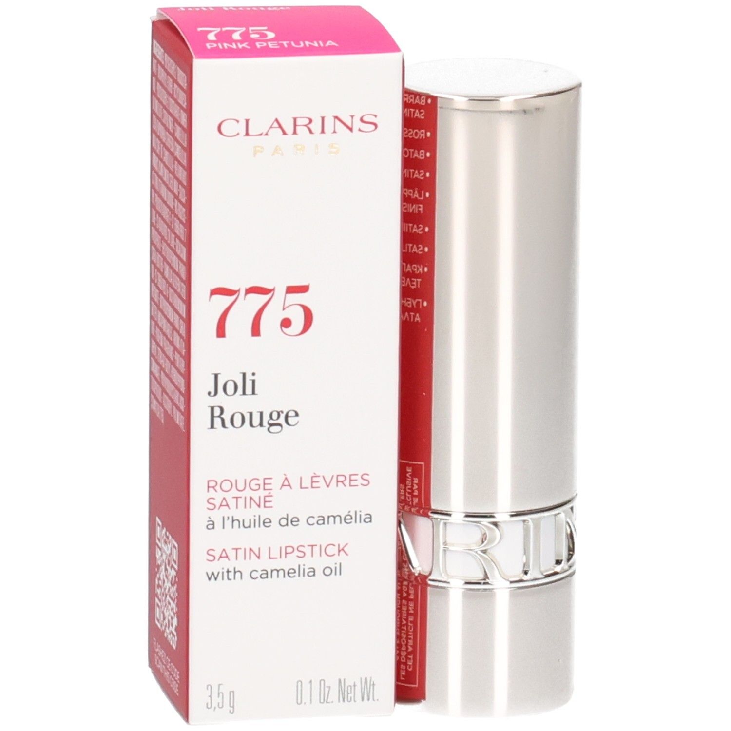 Clarins Joli Rouge Lippenstift 775 Pink Petunia in silberner Hülse und Verpackung.