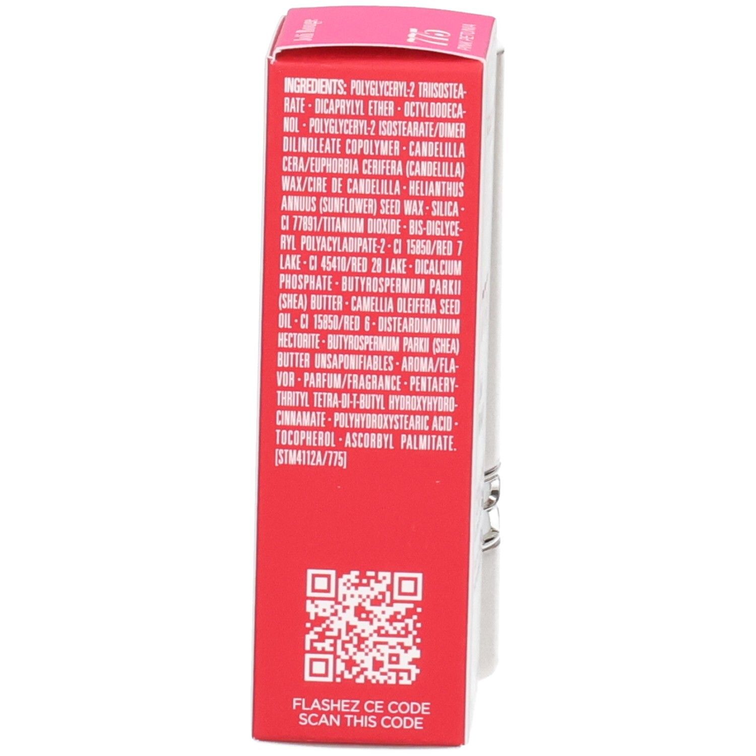 Clarins Joli Rouge Lippenstift 775 Pink Petunia, Rückseite der Verpackung mit Inhaltsstoffen.