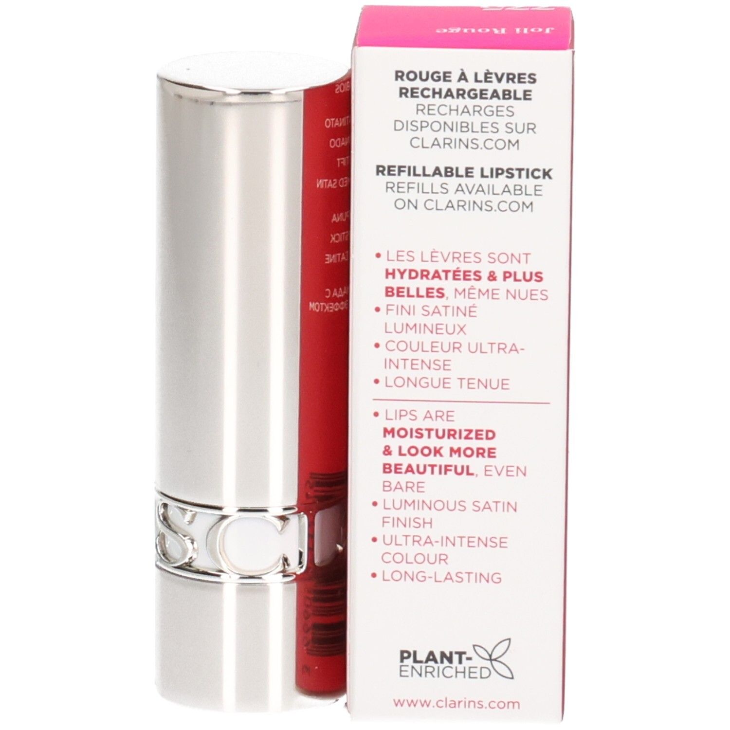 Clarins Joli Rouge Lippenstift 775 Pink Petunia, silberner Hülse mit rotem Lippenstiftkern.