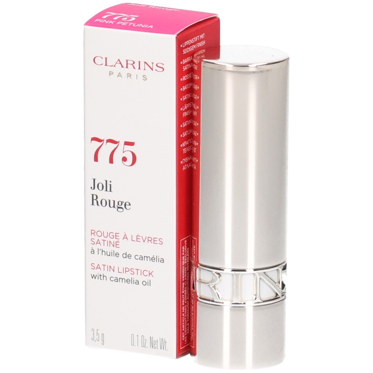 Clarins Joli Rouge Lippenstift 775 Pink Petunia, silberner Hülse und Verpackung.