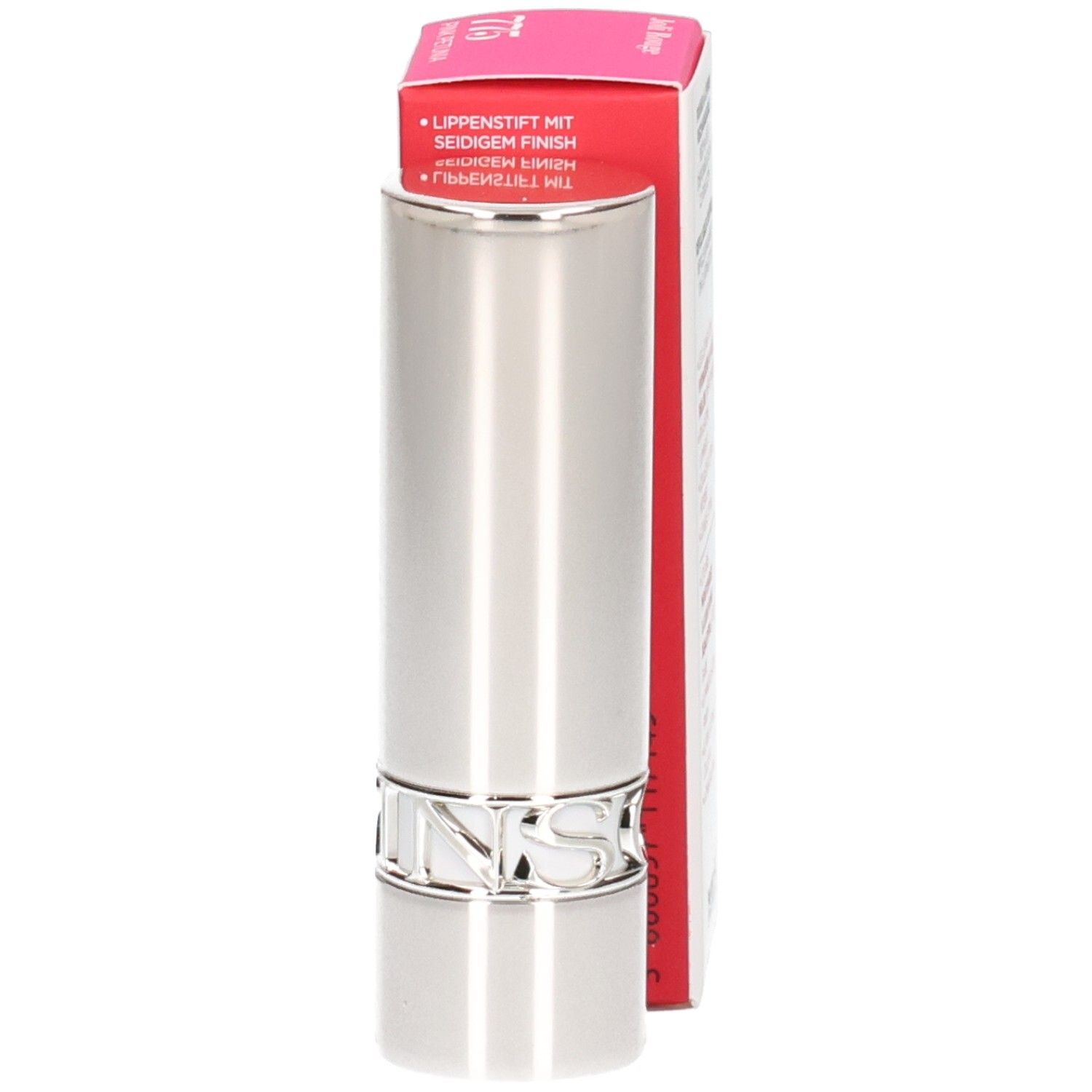Clarins Joli Rouge Lippenstift 775 Pink Petunia, silberner Hülse mit Logo.