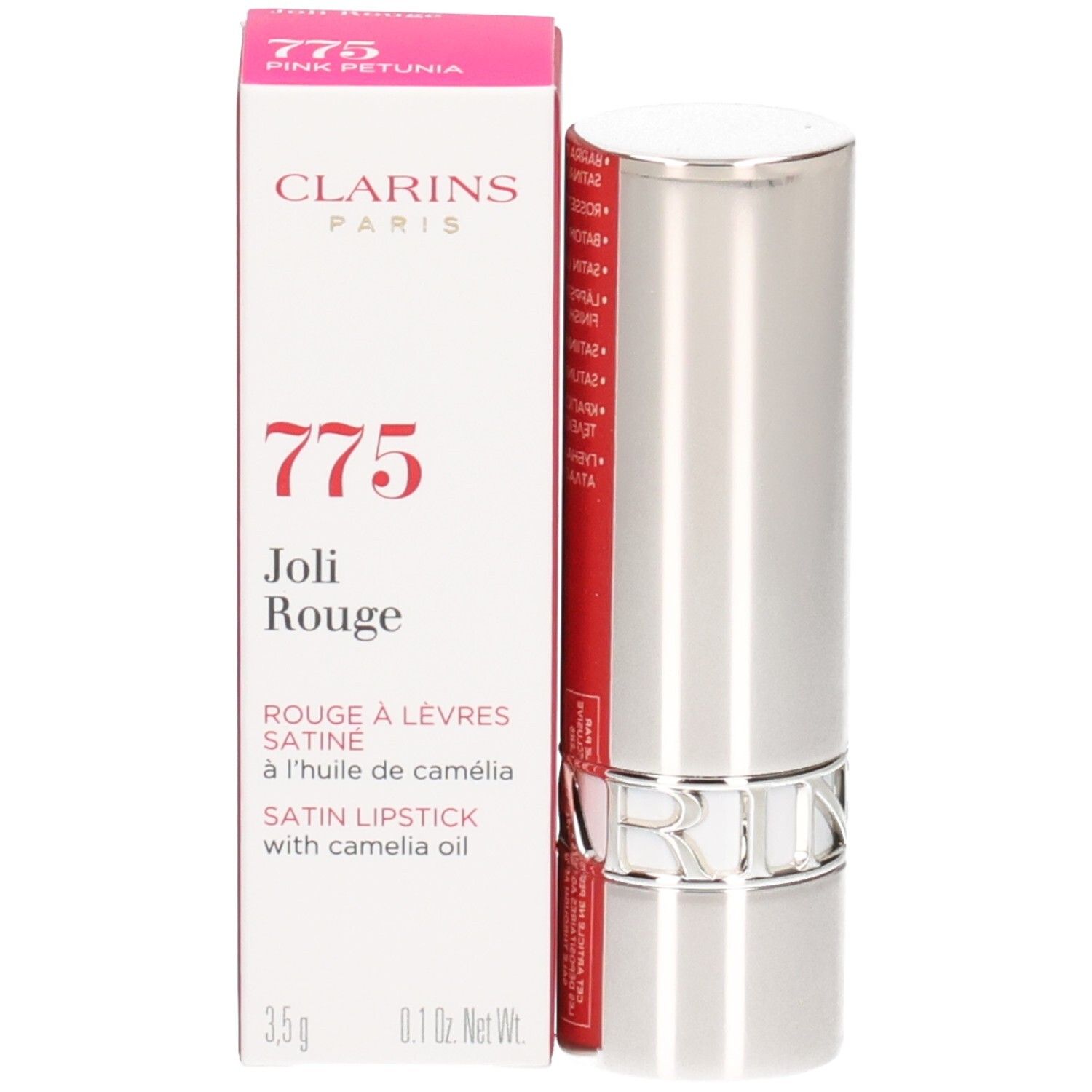 Clarins Joli Rouge Lippenstift 775 Pink Petunia, silberner Hülse und Verpackung.