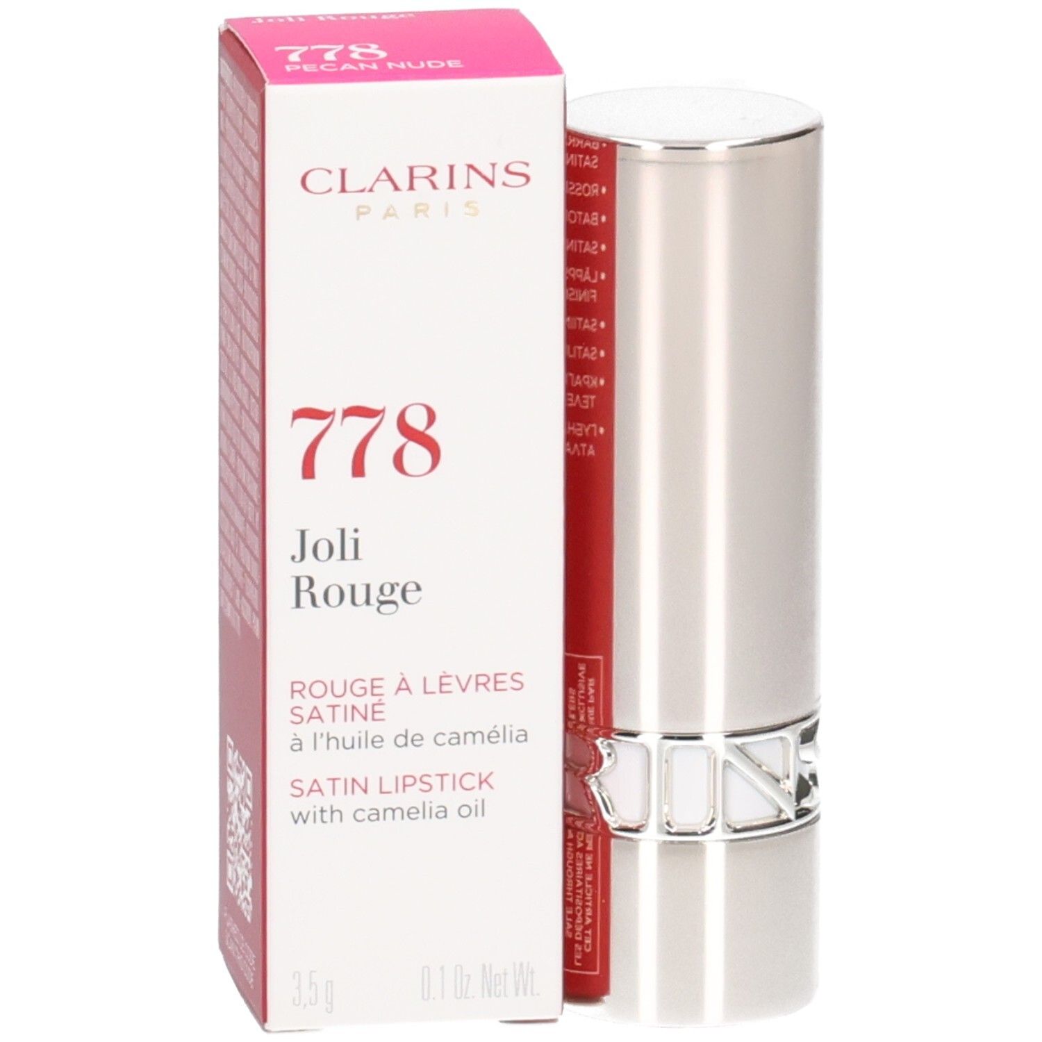 Clarins Joli Rouge Satin Lipstick, Farbe 778 Pecan Nude, in silberner Hülse.